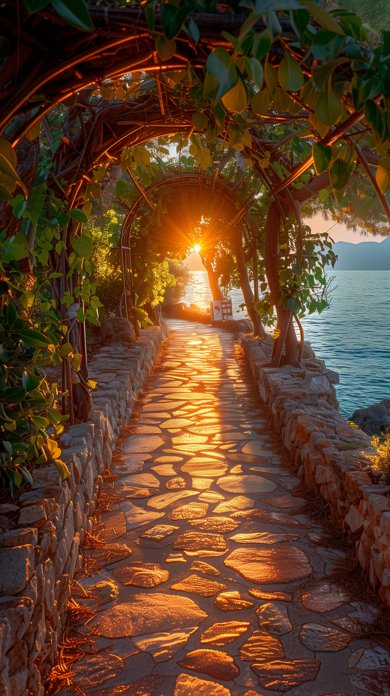 Sunset casts golden light on a stone path framed by leafy arches along a tranquil lakeside, captured in a phone wallpaper for iPhones and Android devices.