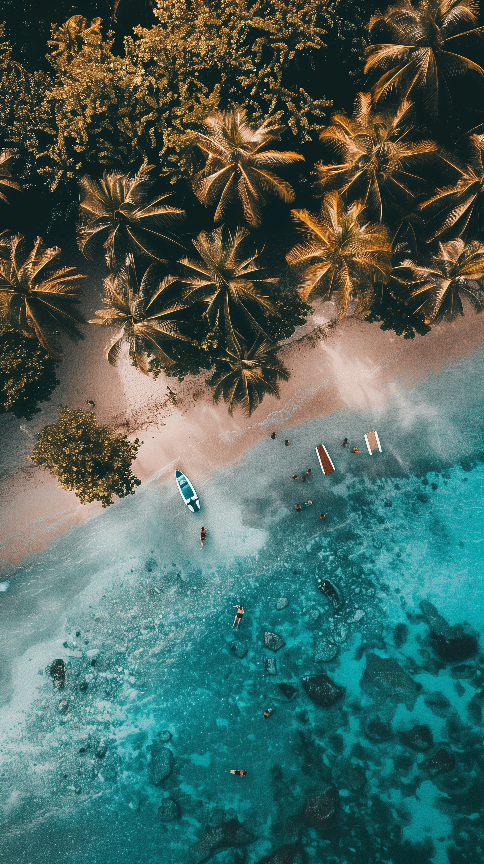 A vibrant summer landscape featuring a beach with crystal-clear blue sea, lush palm trees, and people enjoying the natural scenery. The image is designed as a phone wallpaper.