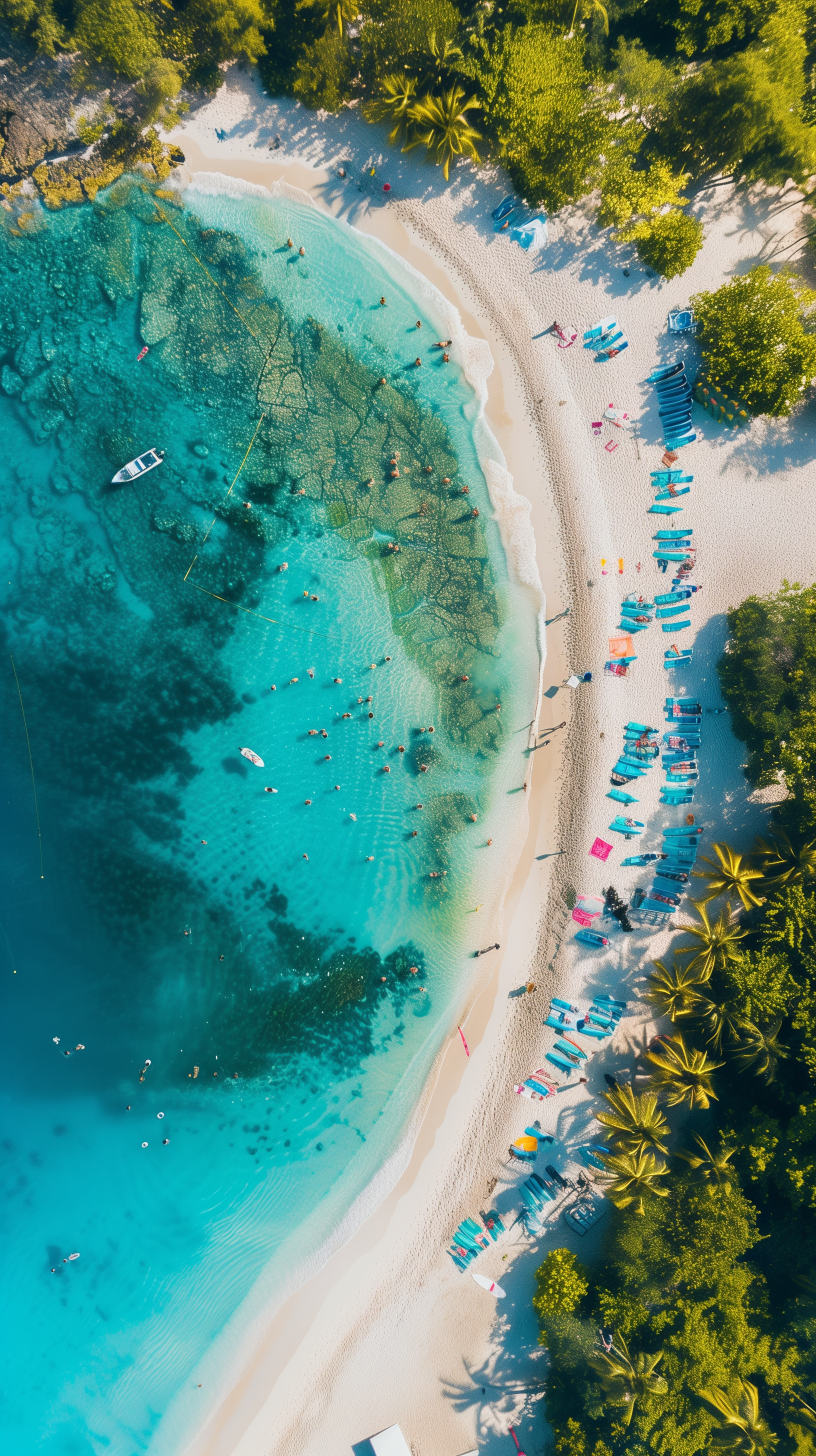 A vibrant summer landscape featuring a beach lined with trees, clear blue sea, sun loungers, and beachgoers, captured as a phone wallpaper.