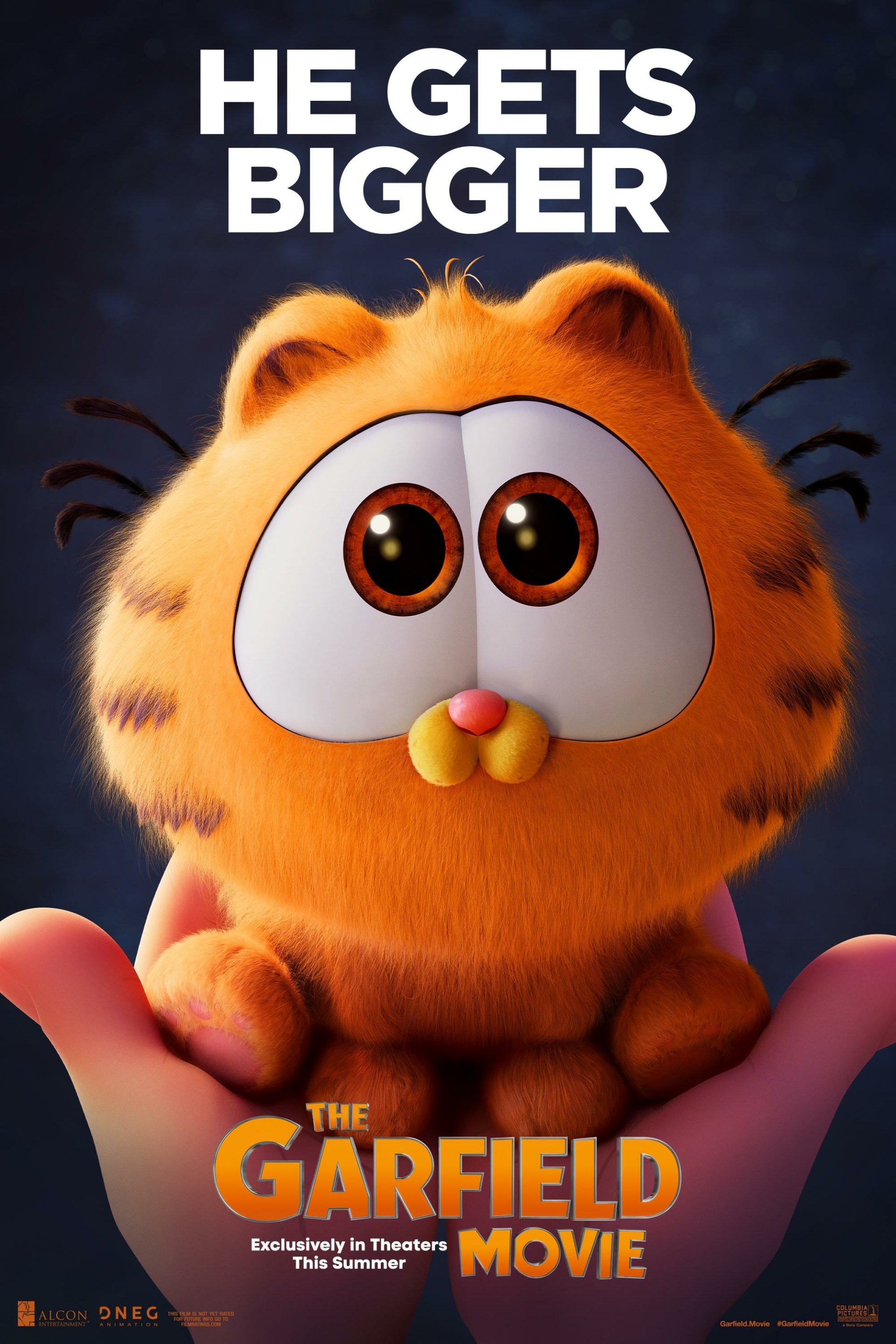 Phone wallpaper featuring a poster for The Garfield Movie, showing an adorable baby Garfield with big eyes and the text He Gets Bigger above his head.