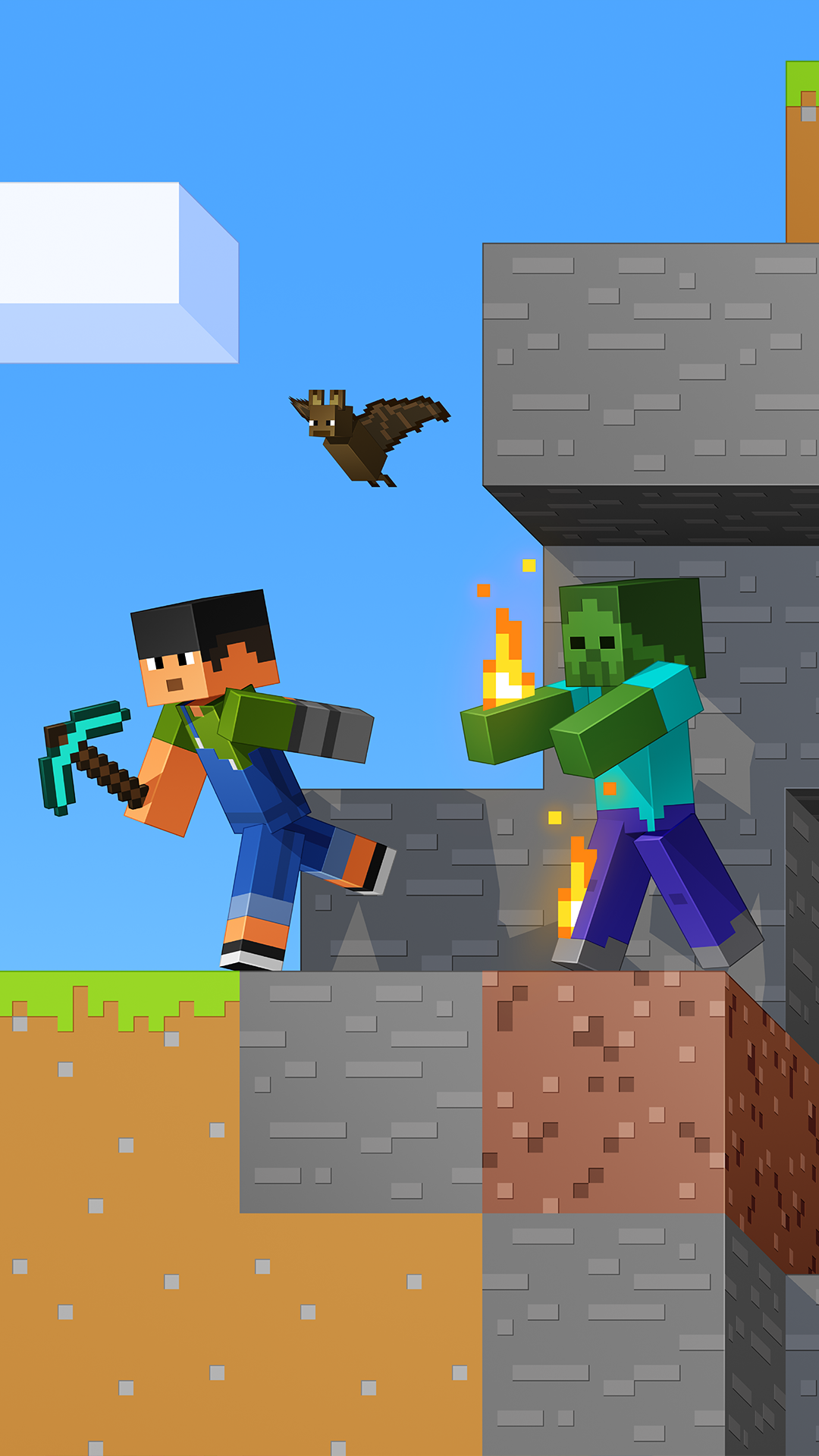 Minecraft-themed phone wallpaper featuring a player character running with a pickaxe, a flying bat, and a zombie holding a torch on a blocky landscape, compatible with iPhones and Android devices.