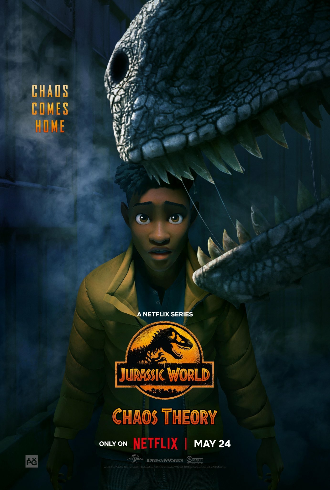 Phone wallpaper featuring a Jurassic World: Chaos Theory TV show poster, with a character standing under a dinosaur's open mouth. Text reads Chaos Comes Home and Only on Netflix, May 24.