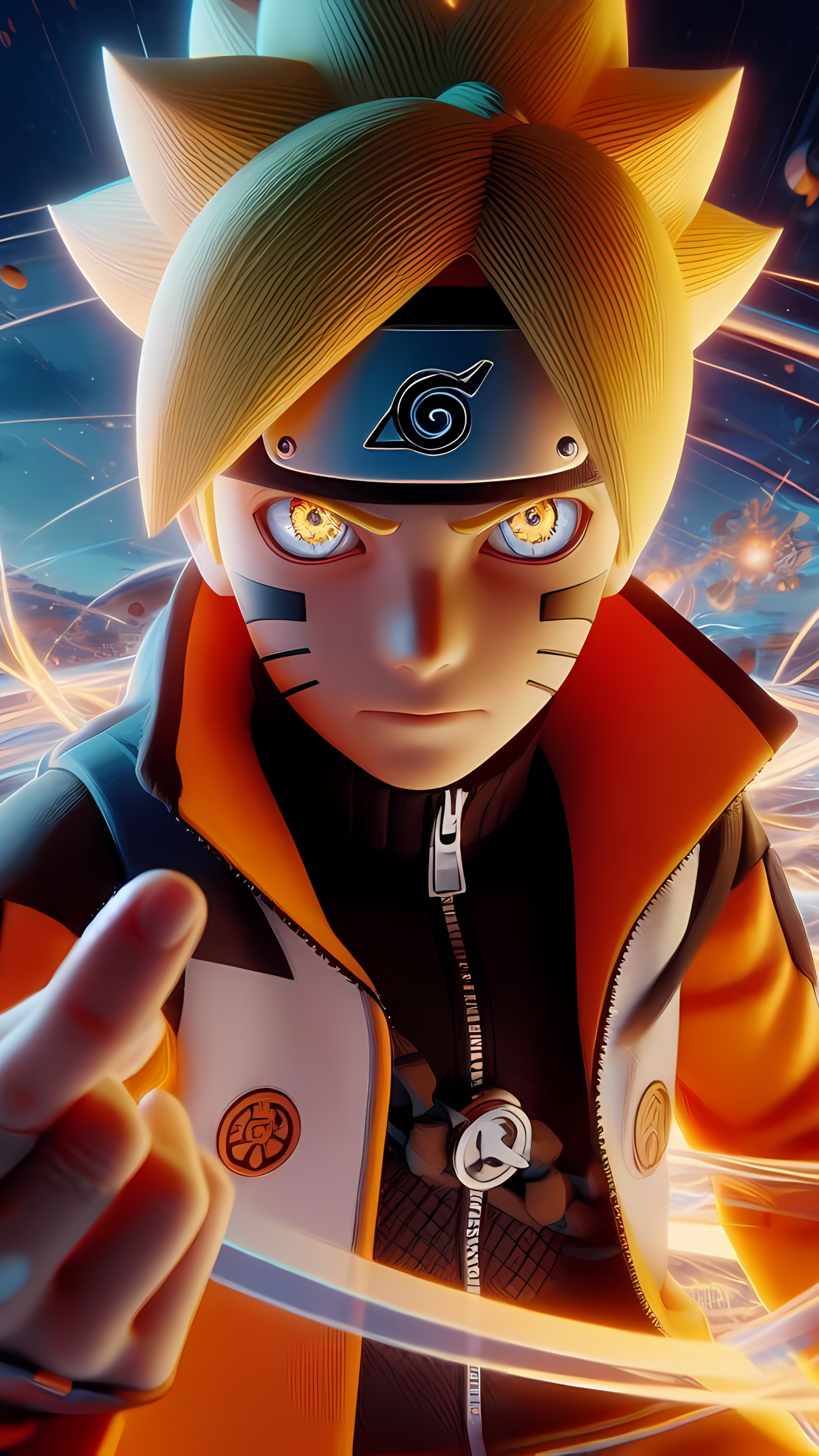 Boruto Uzumaki in intense action pose with glowing eyes and swirling energy, designed as a dynamic phone wallpaper for iPhone and Android devices.
