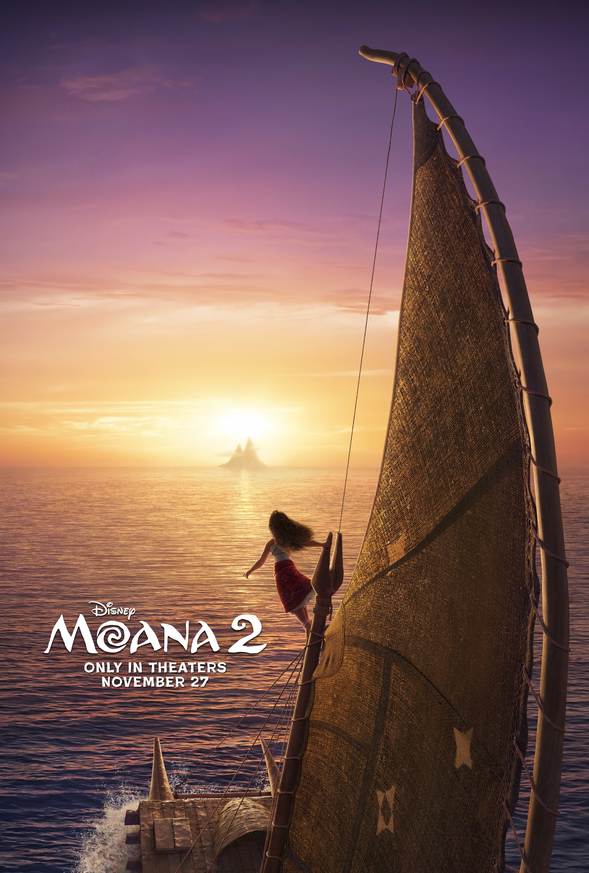 Phone wallpaper featuring a scene from Moana 2. Moana is depicted climbing the sail of a boat against a beautiful sunset over the ocean, with text indicating a theatrical release date of November 27.