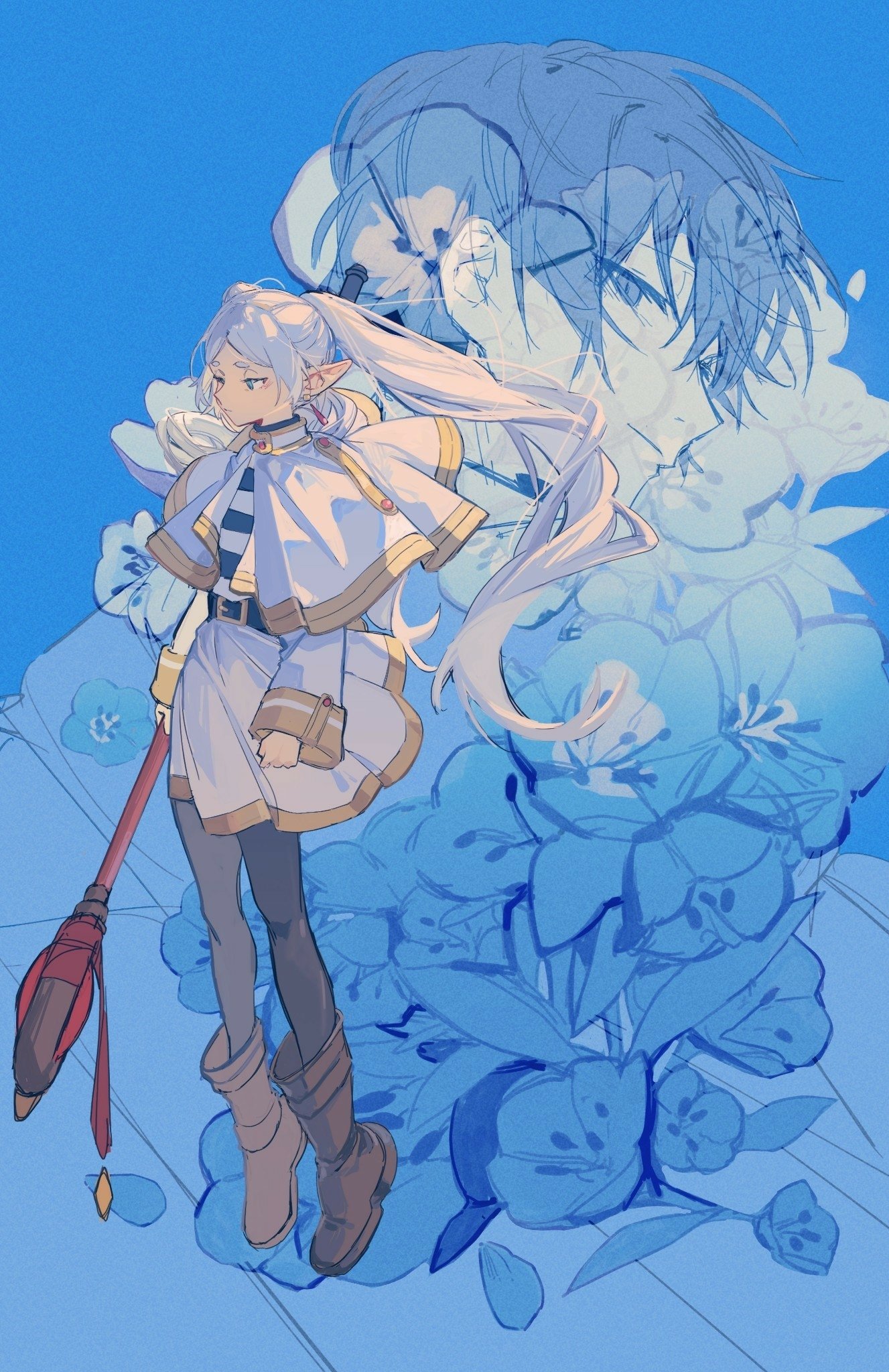 Anime phone wallpaper featuring characters Frieren and Himmel from Frieren: Beyond Journey's End against a blue-toned background.