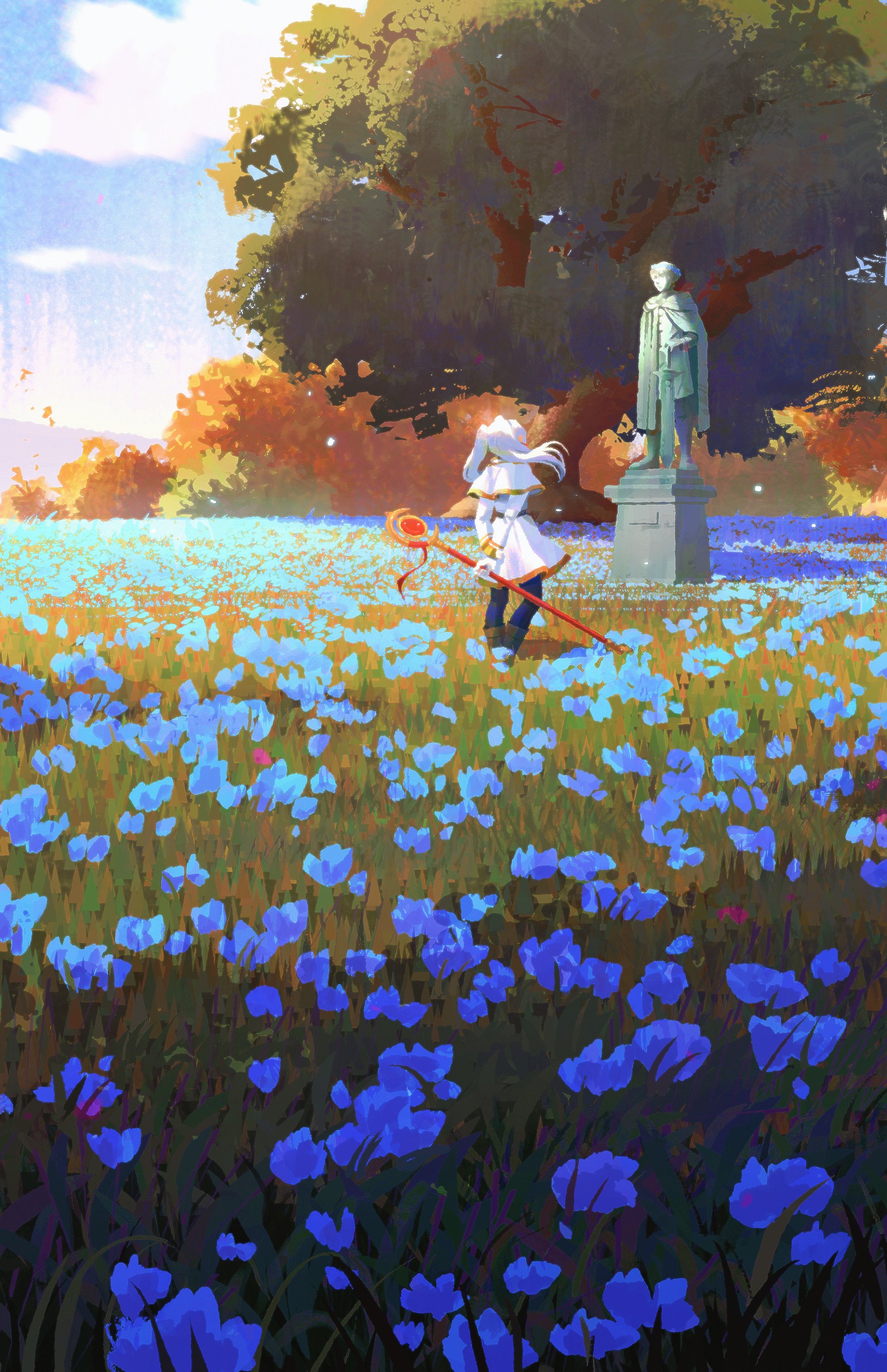 A vibrant phone wallpaper featuring Frieren from the anime Frieren: Beyond Journey's End, standing amidst a field of blue flowers, with a statue and trees in the background.