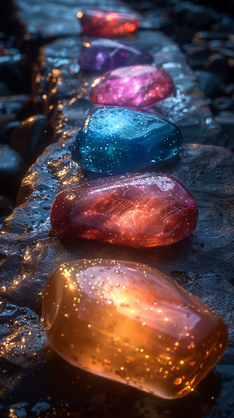 Glowing colorful Marvel Comics-inspired stones arranged in a line on a textured surface, creating a vibrant and aesthetic phone wallpaper for iPhones and Android devices.