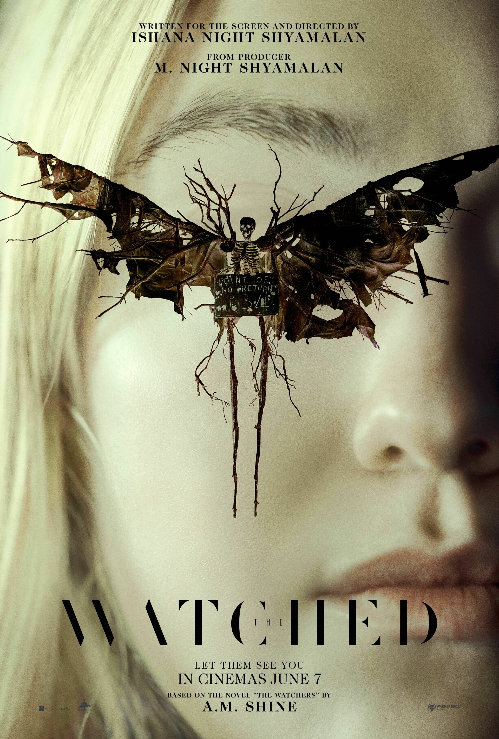 Phone wallpaper featuring the 2024 movie The Watchers. The poster shows a face partially obscured by the dark, intricate image of a butterfly spreading its wings.
