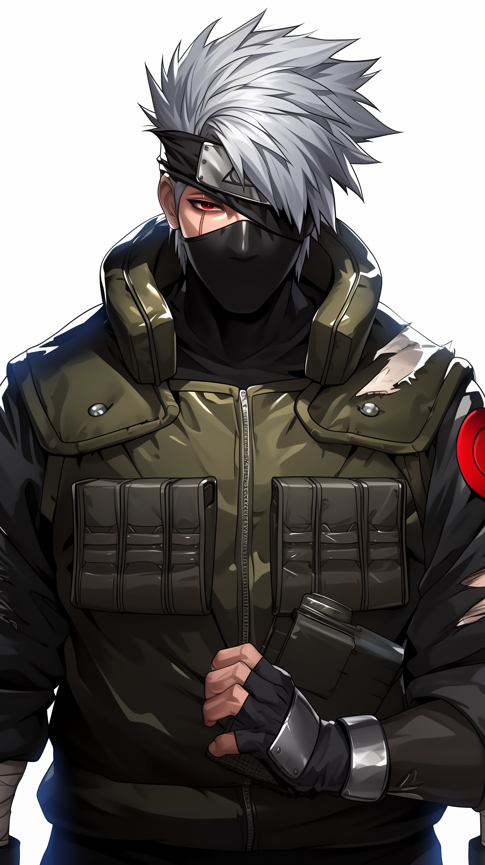 An anime phone wallpaper featuring Kakashi Hatake from Naruto, showcasing his Sharingan eye. He is wearing his signature mask and headband, set against a minimalistic background.