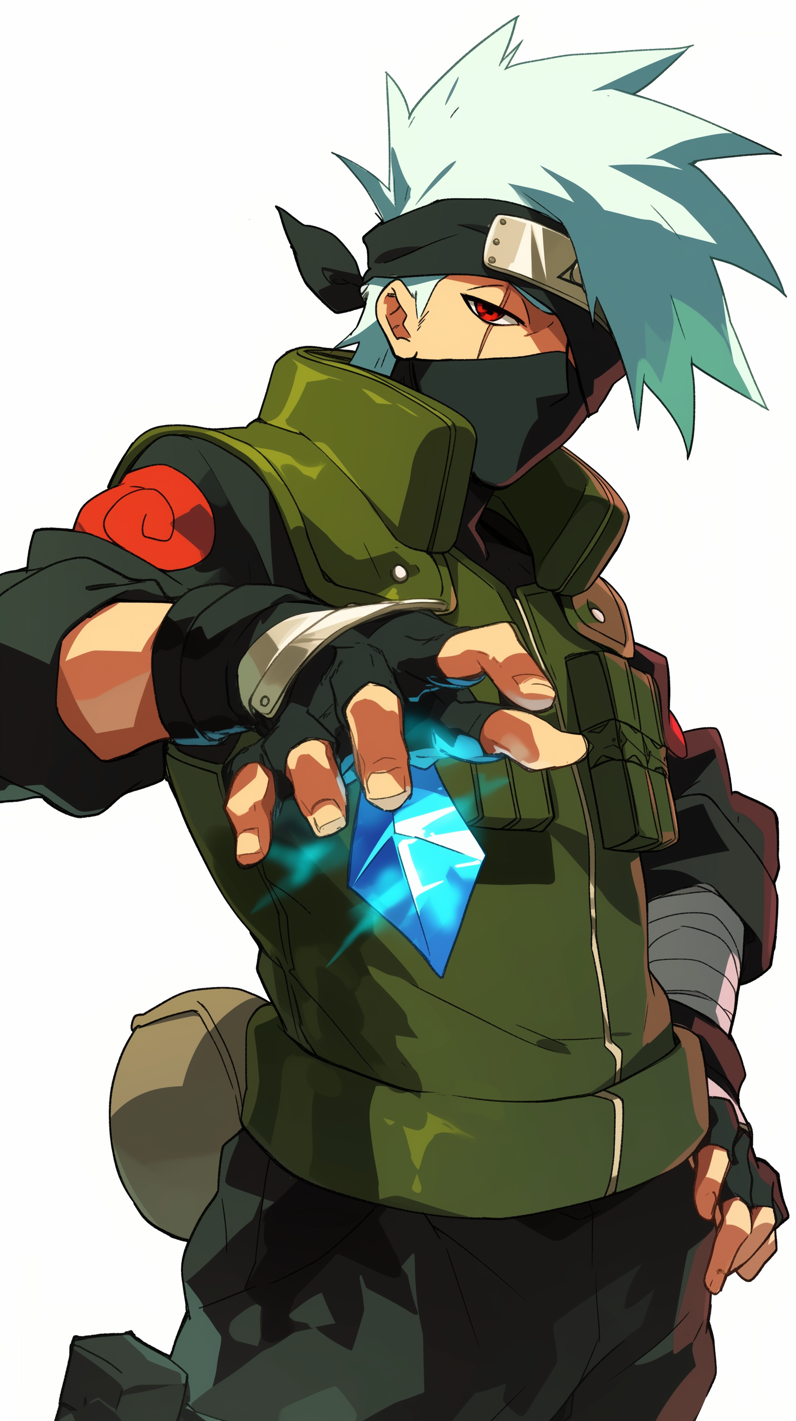 An anime-themed phone wallpaper featuring Kakashi Hatake from Naruto with his Sharingan activated, holding a glowing blue crystal. He wears his signature ninja attire and headband.