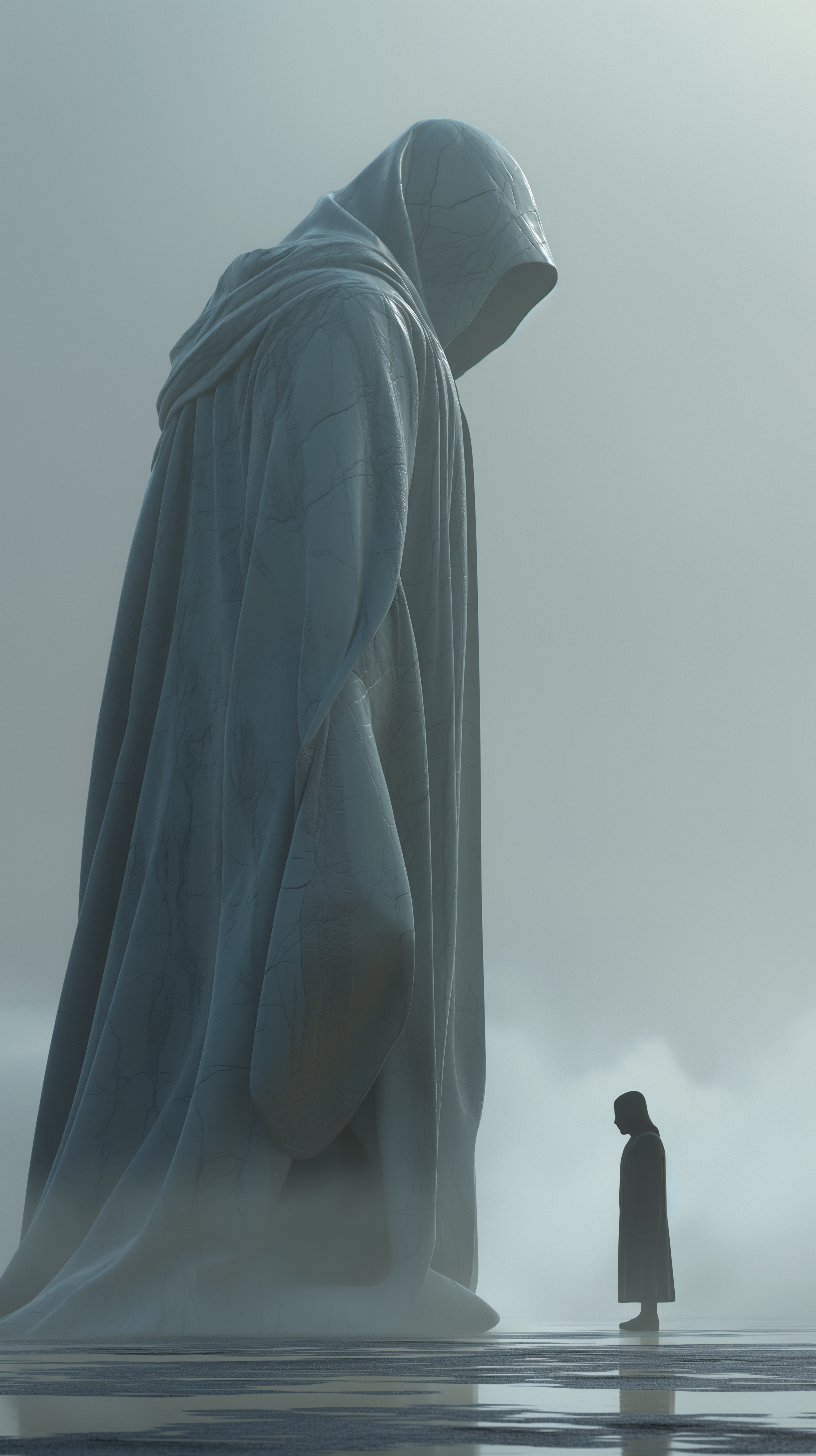 A mystical, fantasy-inspired phone wallpaper depicting a towering hooded figure facing a smaller cloaked person amidst foggy, spiritual surroundings, designed for iPhone and Android screens.