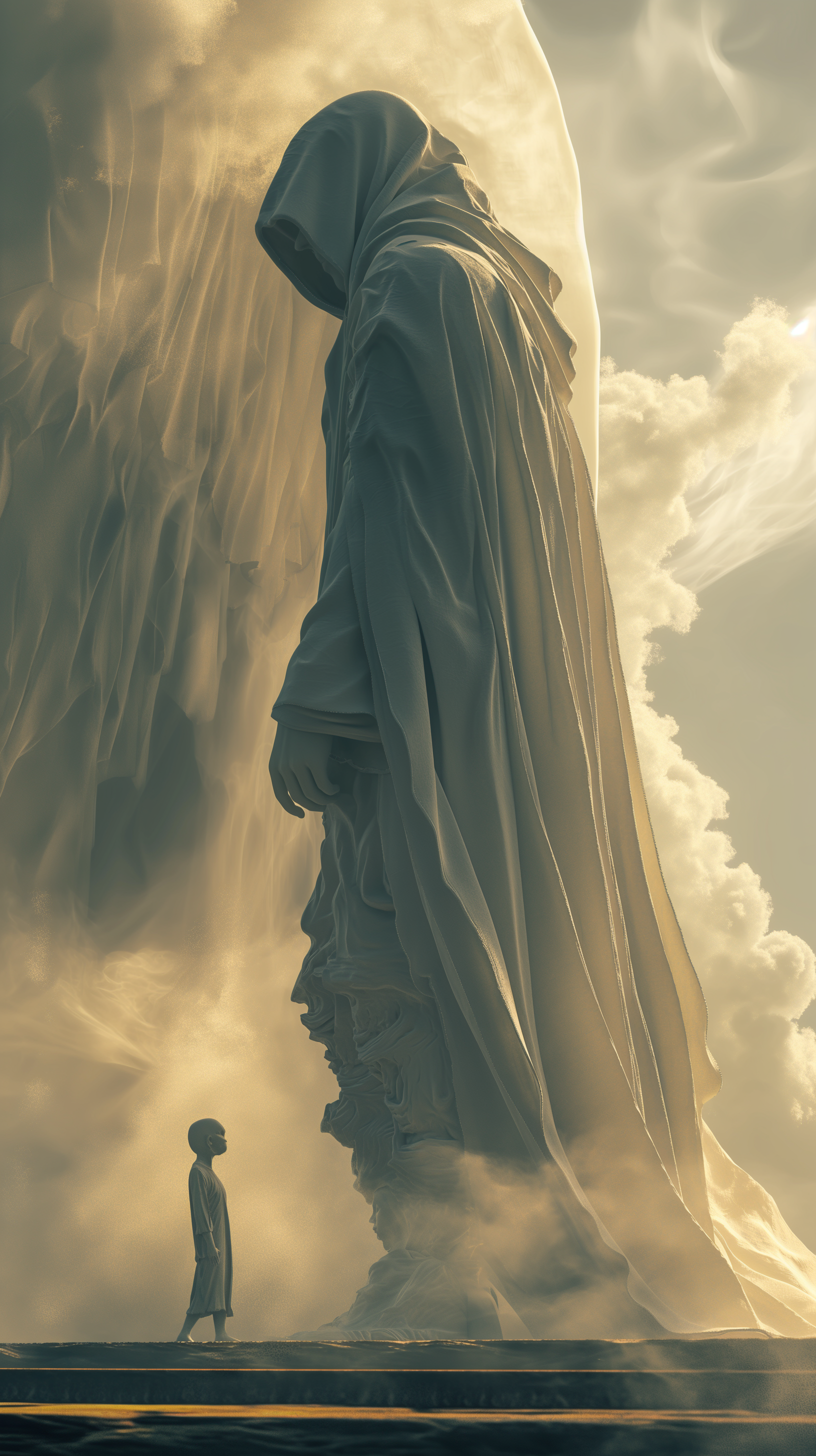 Mystical fantasy scene of a hooded, cloaked giant figure standing before a small person, enveloped in ethereal light and clouds, designed as a spiritual phone wallpaper for iPhones and Android.