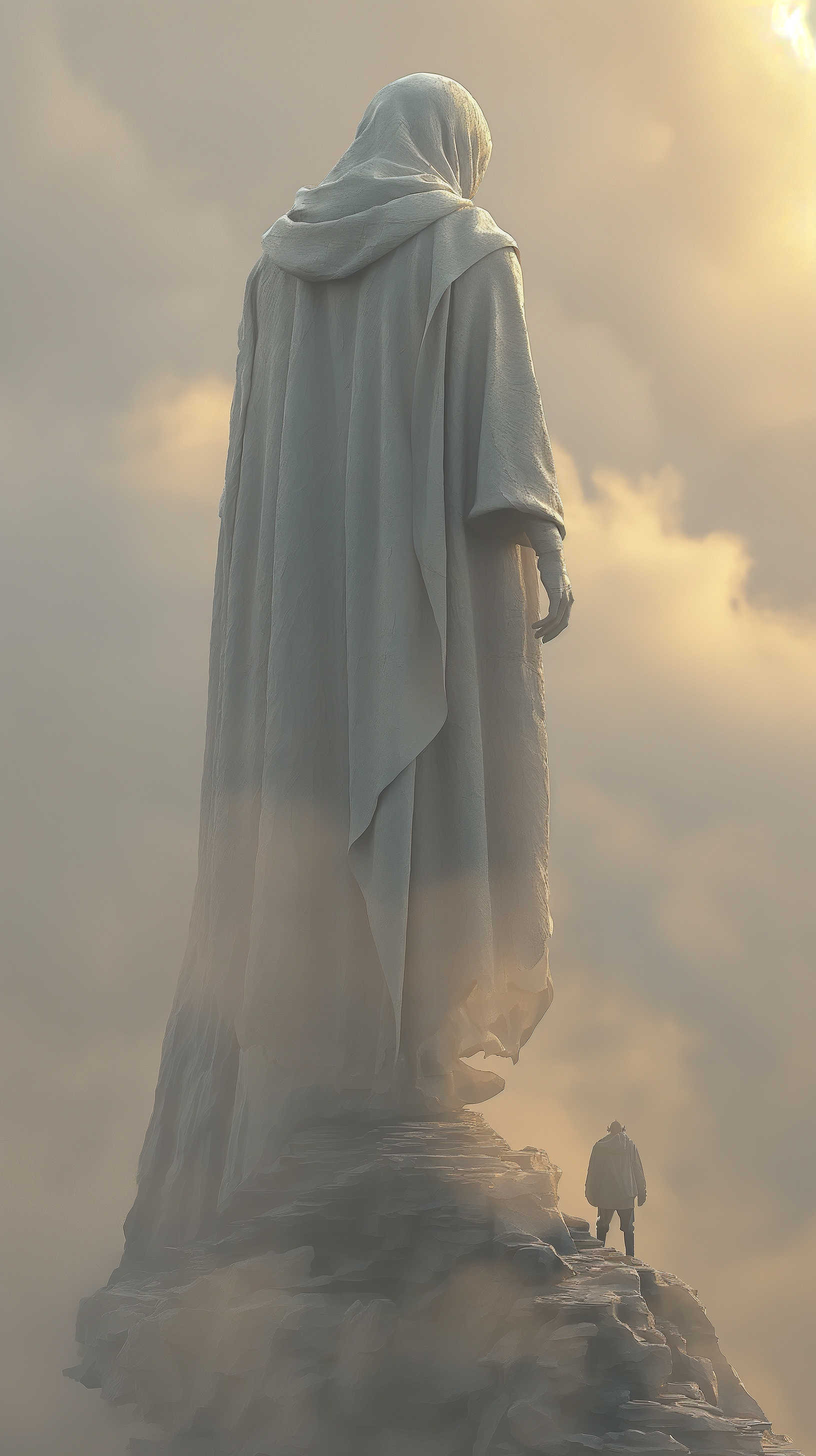 Mystical phone wallpaper showing a towering robed figure standing on a rocky peak, enveloped in clouds and soft golden light, evoking fantasy and spiritual themes on iPhones and Android.