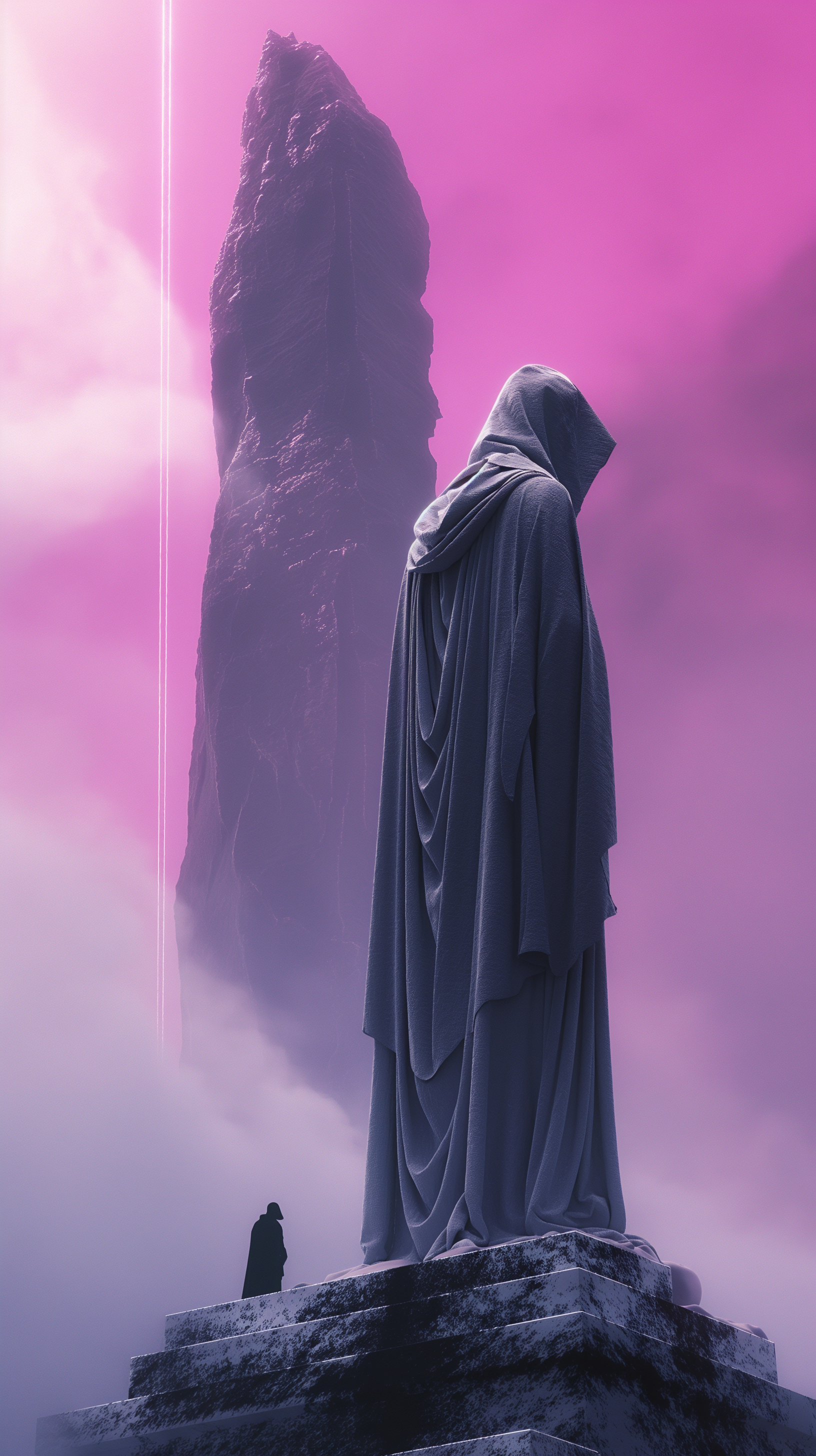 Fantasy-inspired mystical figure in a dark cloak stands before a towering monolith amid swirling pink and purple mist, creating a spiritual and otherworldly phone wallpaper.