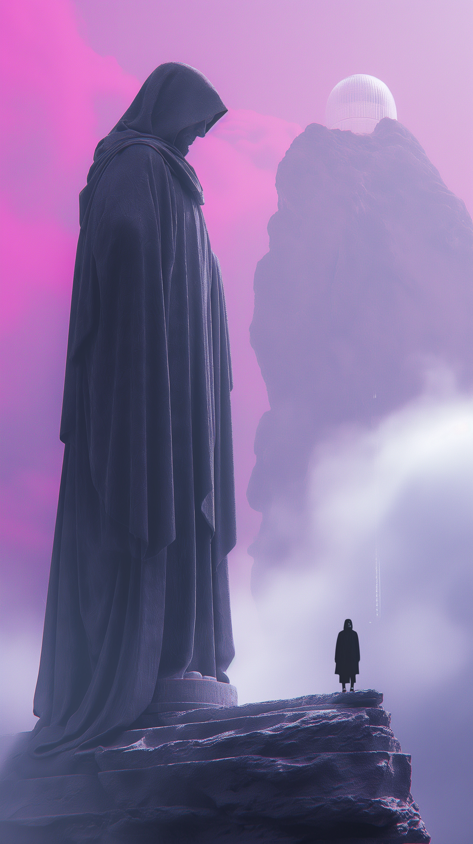 Mystical fantasy phone wallpaper featuring a towering hooded figure and a smaller cloaked person amidst pink and purple fog, evoking spiritual and otherworldly vibes for iPhone and Android.