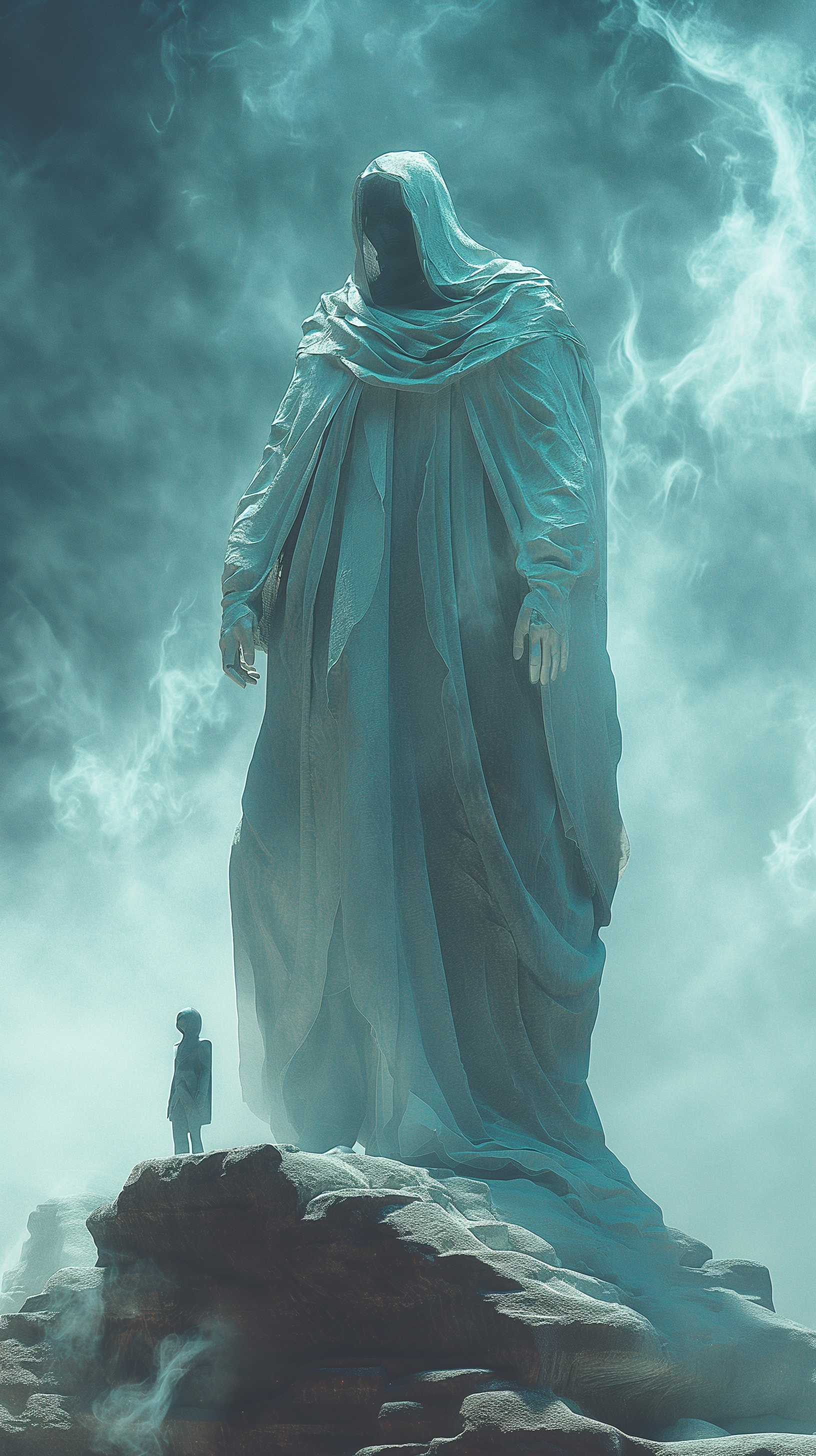 Mystical, towering cloaked figure enveloped in ethereal mist faces a small person on rocky terrain, capturing fantasy and spiritual vibes in a phone wallpaper for iPhone and Android.