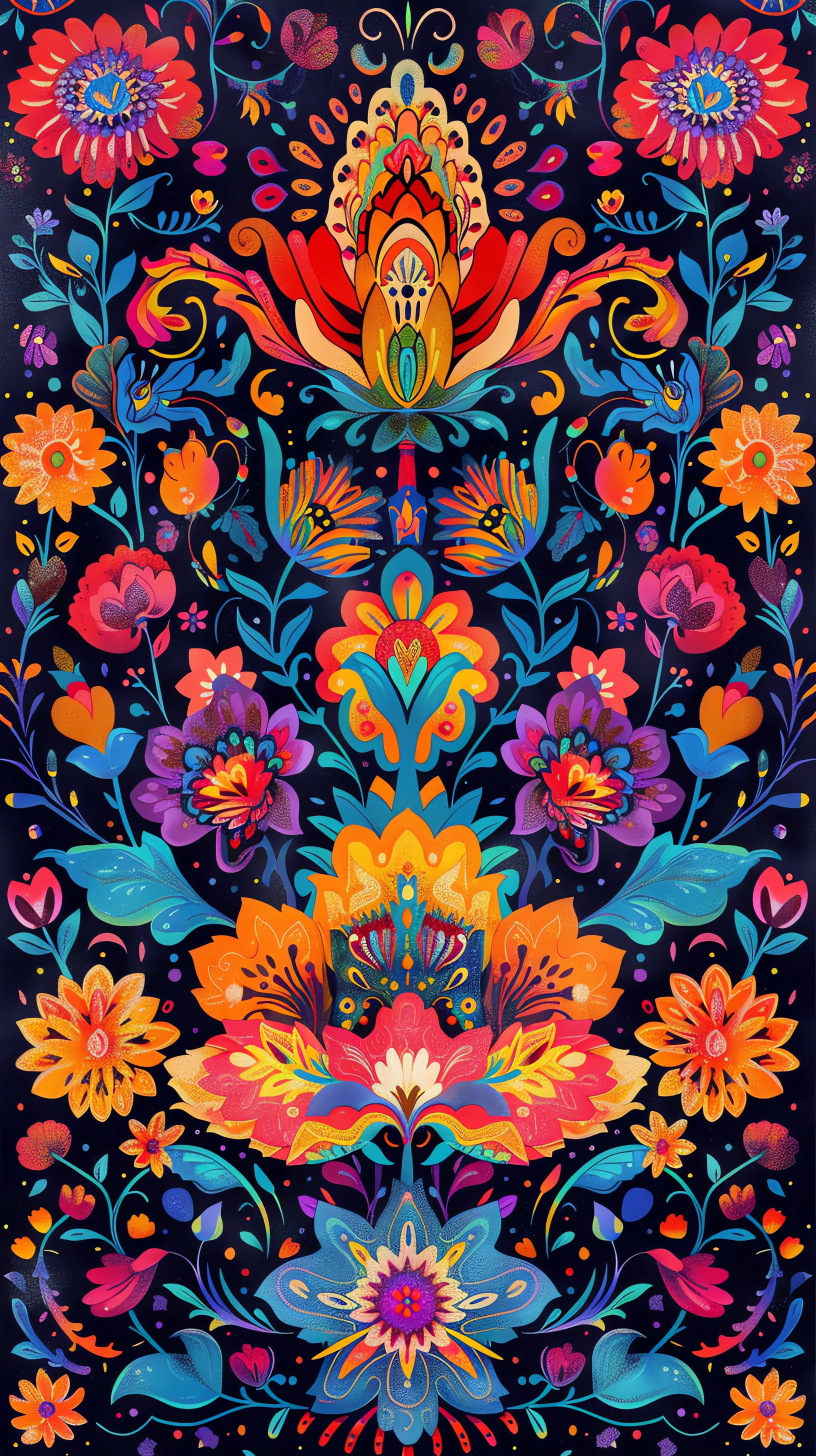 Vibrant floral pattern with bold, colorful flowers and intricate leaves on a dark background, designed as a lively phone wallpaper for iPhones and Android devices.