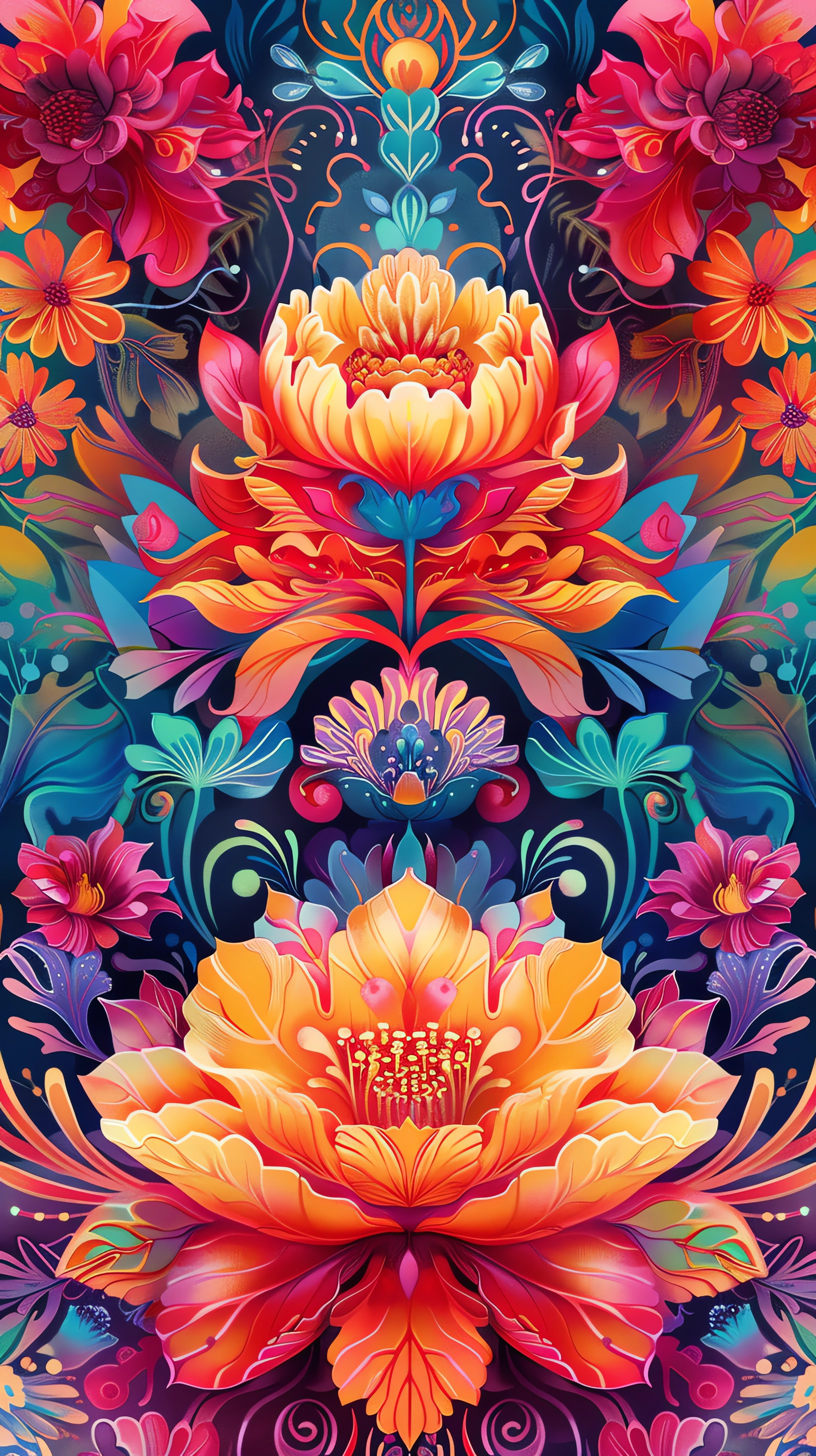 Vibrant floral pattern with large, colorful flowers and leaves on a dark background, designed as a phone wallpaper compatible with iPhones and Android devices.