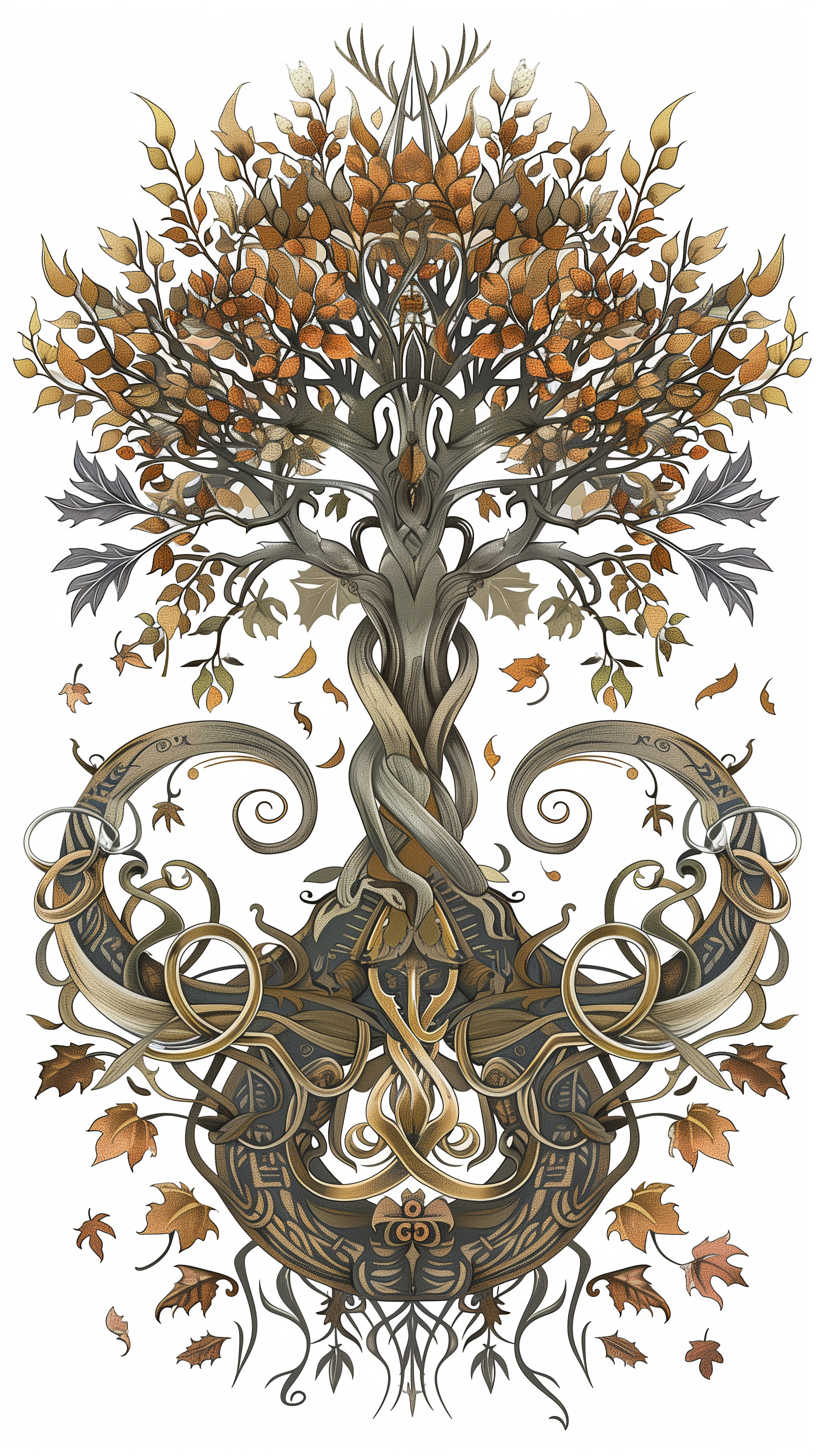 Yggdrasil-themed phone wallpaper featuring a detailed illustration of the mythical tree with intertwining branches and roots, adorned with falling leaves.
