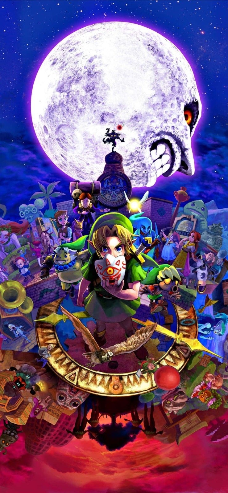 Phone wallpaper for iPhones and Android featuring Link from The Legend of Zelda: Majora's Mask, with the eerie moon and a vibrant scene of characters and landmarks.