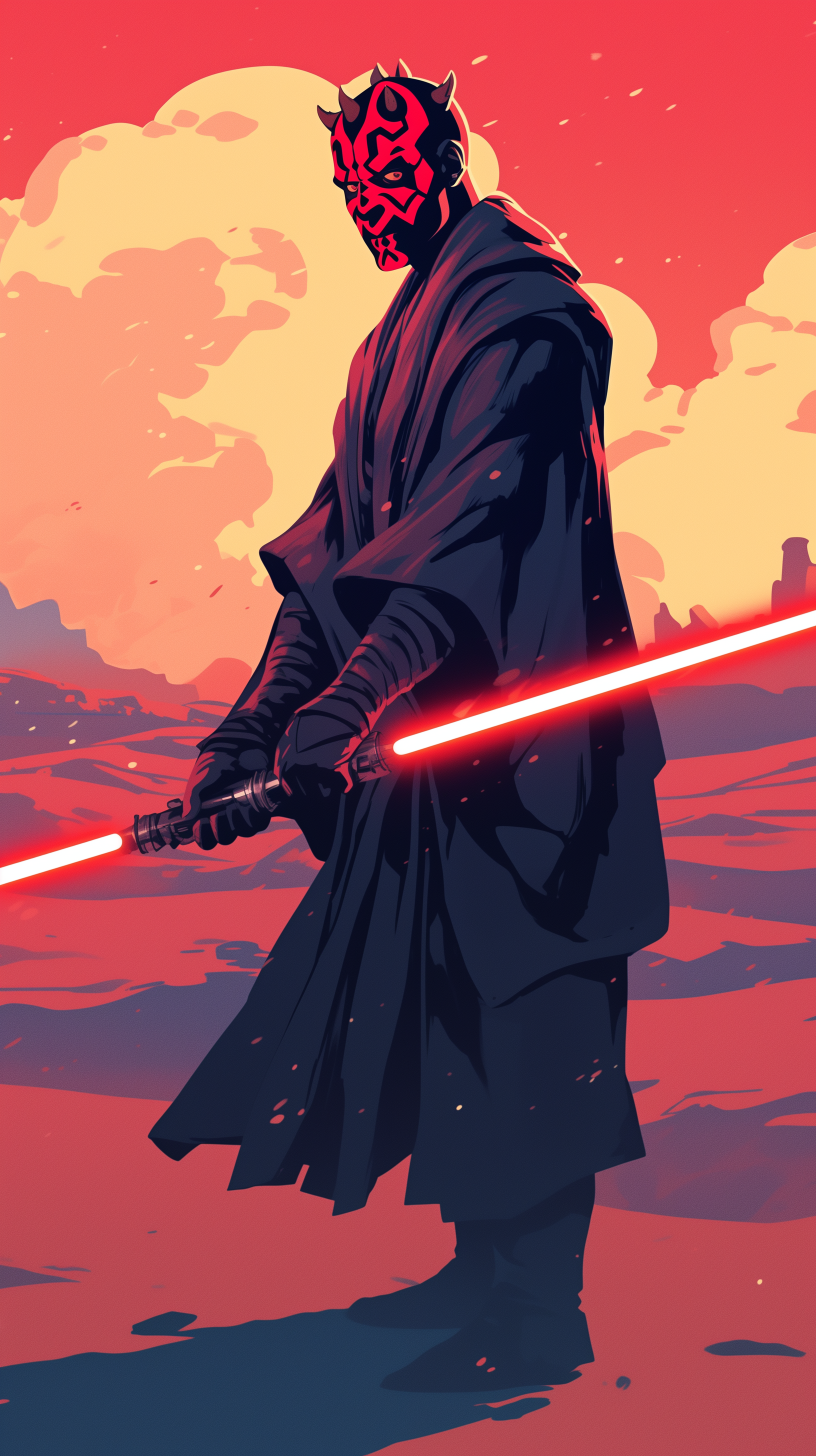 A vibrant phone wallpaper featuring Darth Maul from Star Wars, holding a red double-bladed lightsaber against a dramatic, fiery landscape background.
