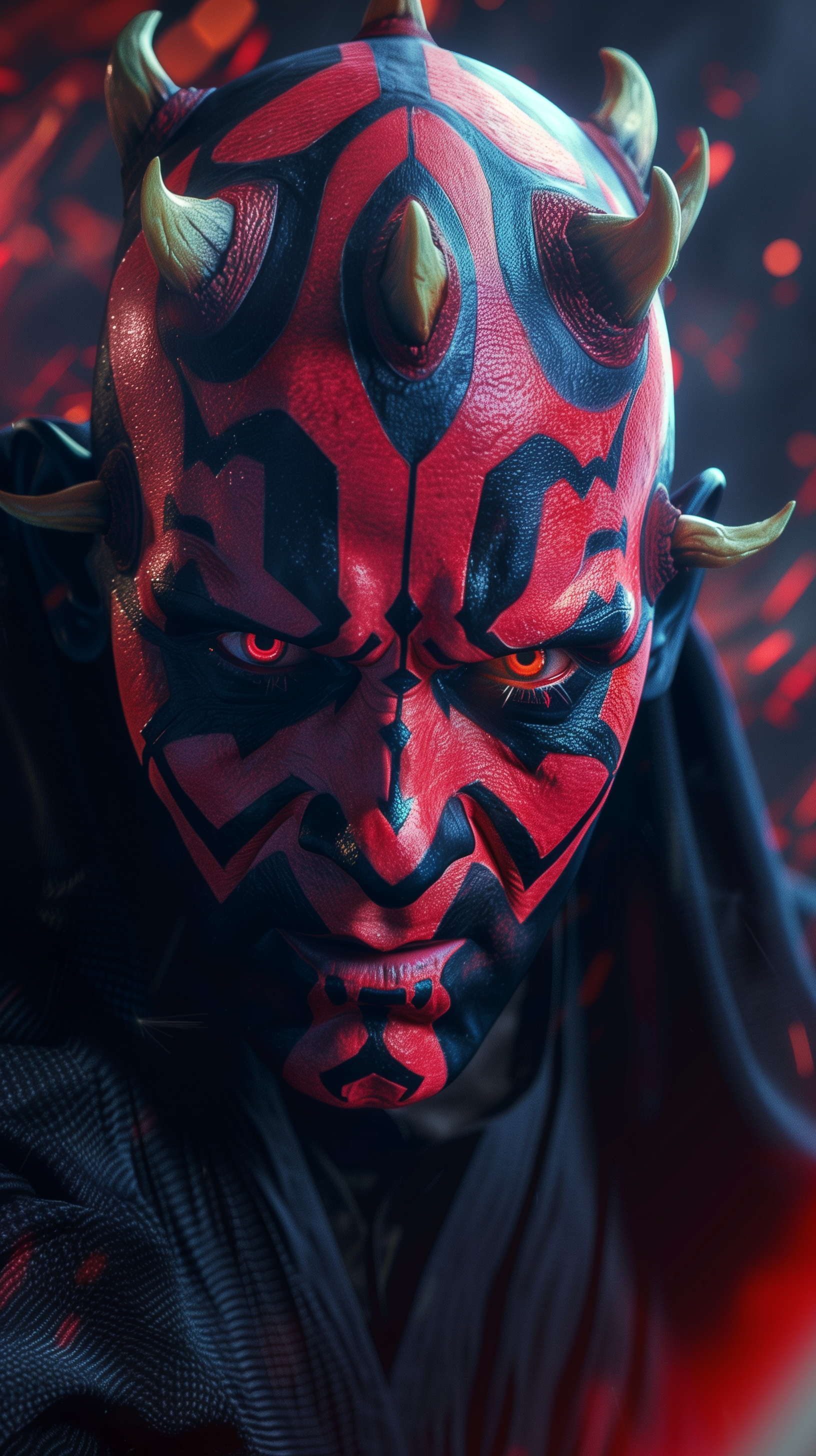 Phone wallpaper of Darth Maul from Star Wars with his iconic red and black face, and Sith eyes, set against a dark background.