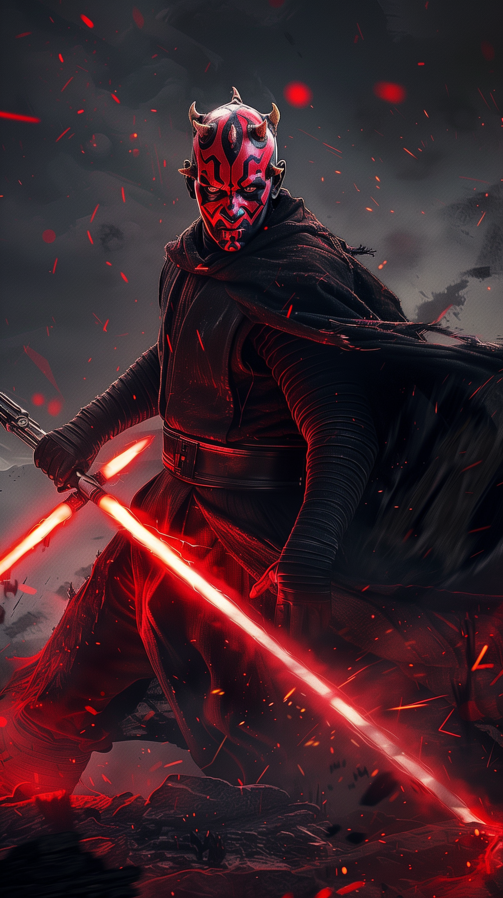 A dynamic Star Wars phone wallpaper featuring Darth Maul wielding his red double-bladed lightsaber amidst a storm of sparks and dark clouds.