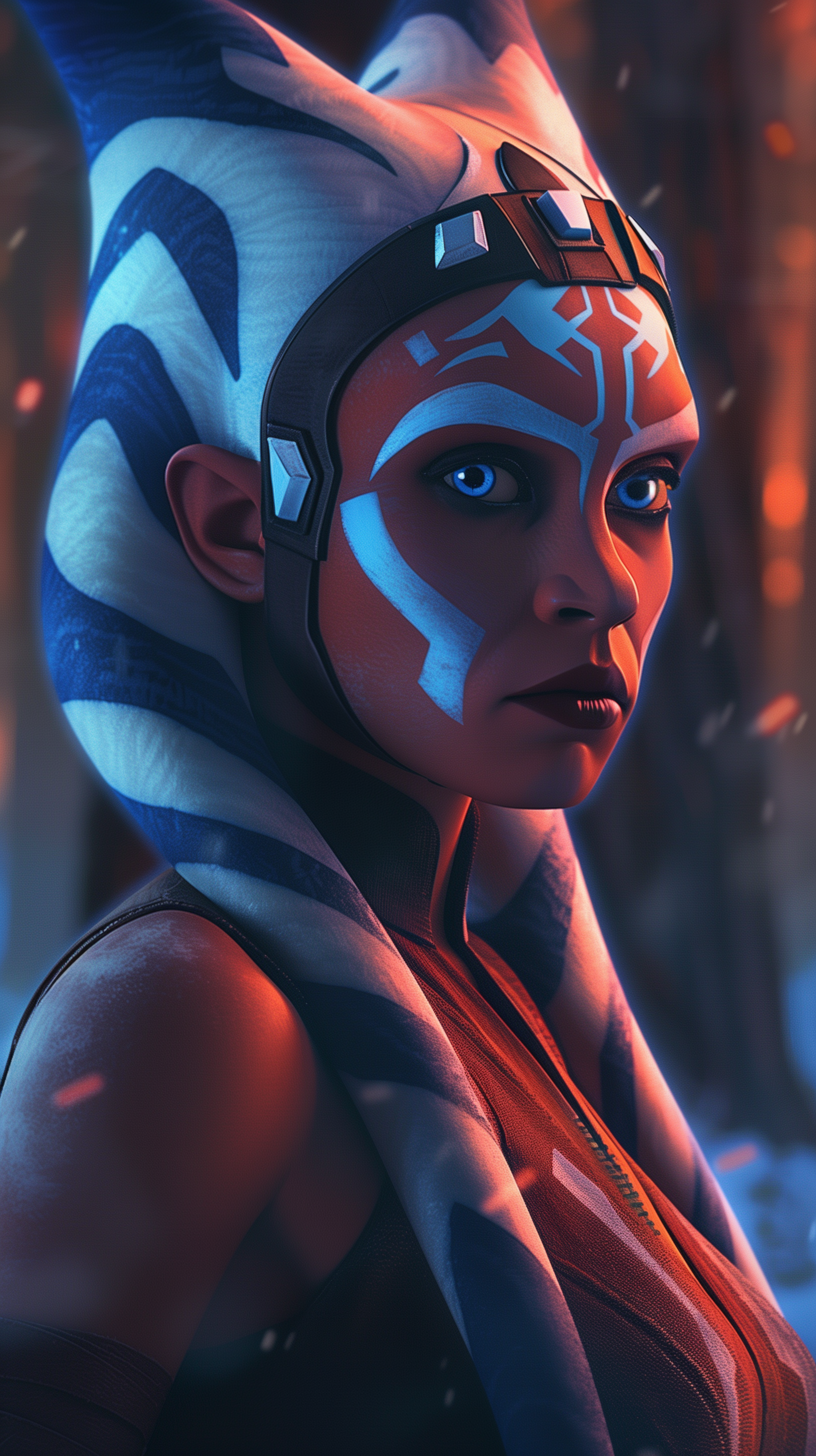 A stunning phone wallpaper featuring Ahsoka Tano from Star Wars, showcasing her distinctive face markings and lekku in a vibrant, detailed illustration against a dramatic background.