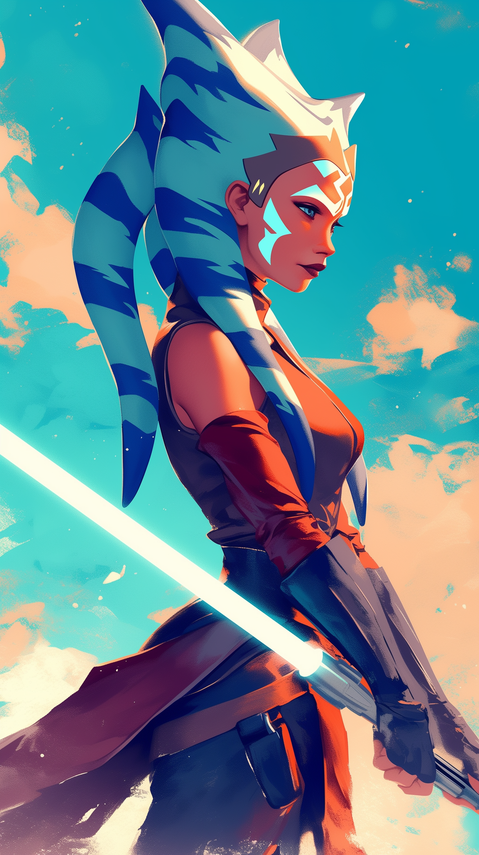 A dynamic phone wallpaper featuring Ahsoka Tano from Star Wars, wielding a lightsaber against a vibrant sky background.