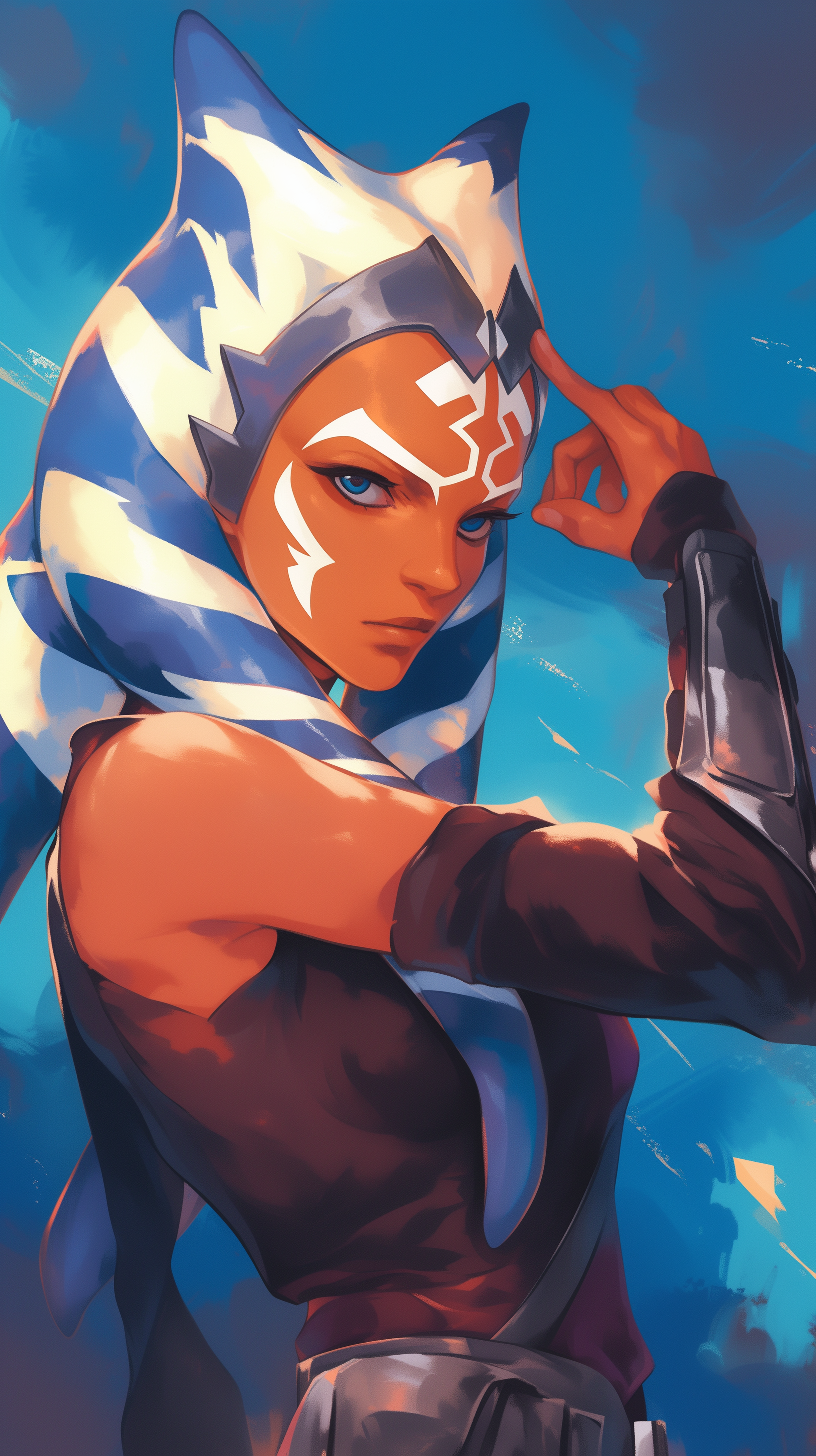 Phone wallpaper depicting Ahsoka Tano from the Star Wars movie series, showcasing her in a dynamic pose with vibrant colors and intricate detail.