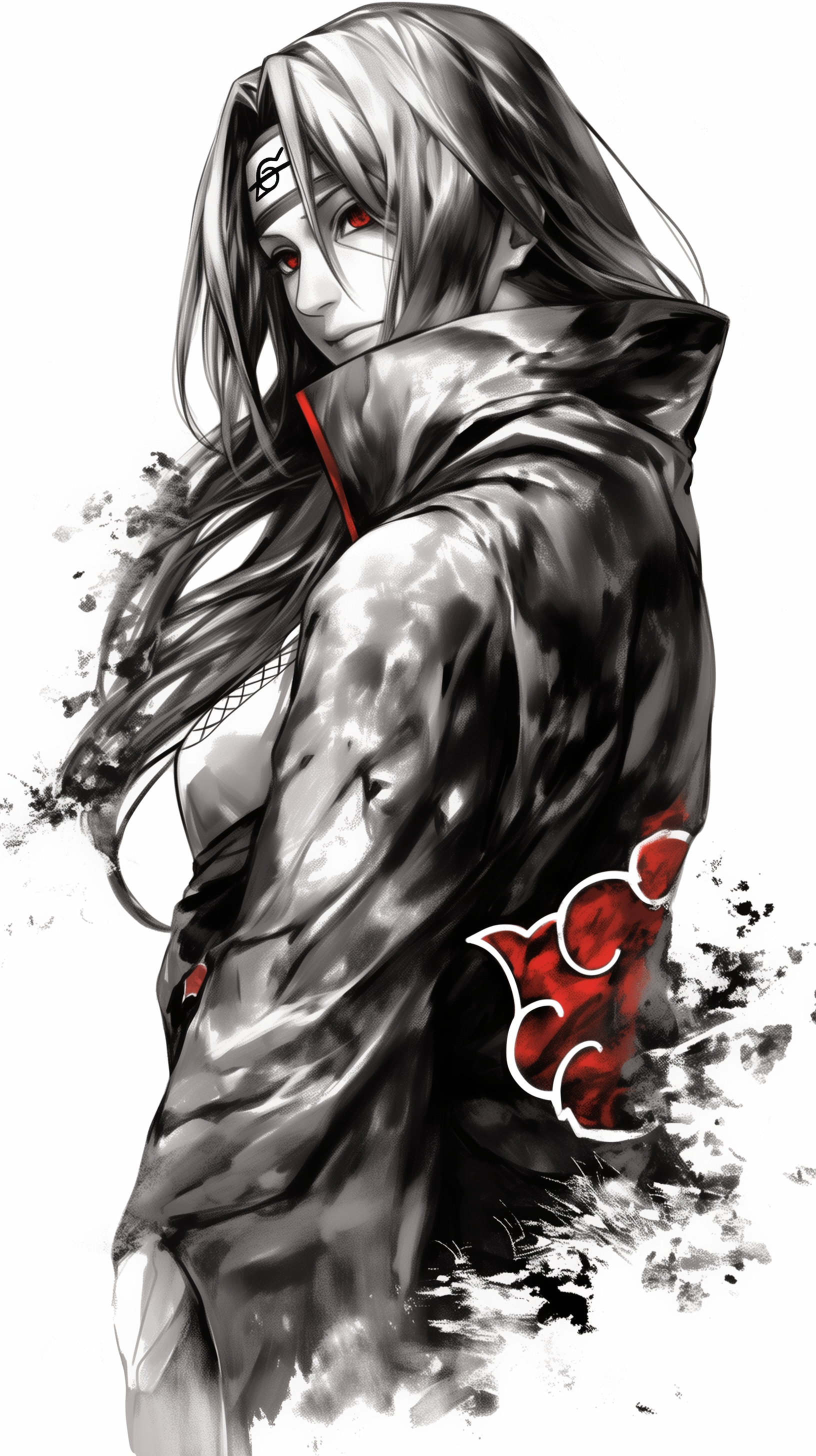 Monochrome phone wallpaper featuring Itachi Uchiha from the anime Naruto, wearing his Akatsuki cloak with striking red accents on the clouds.