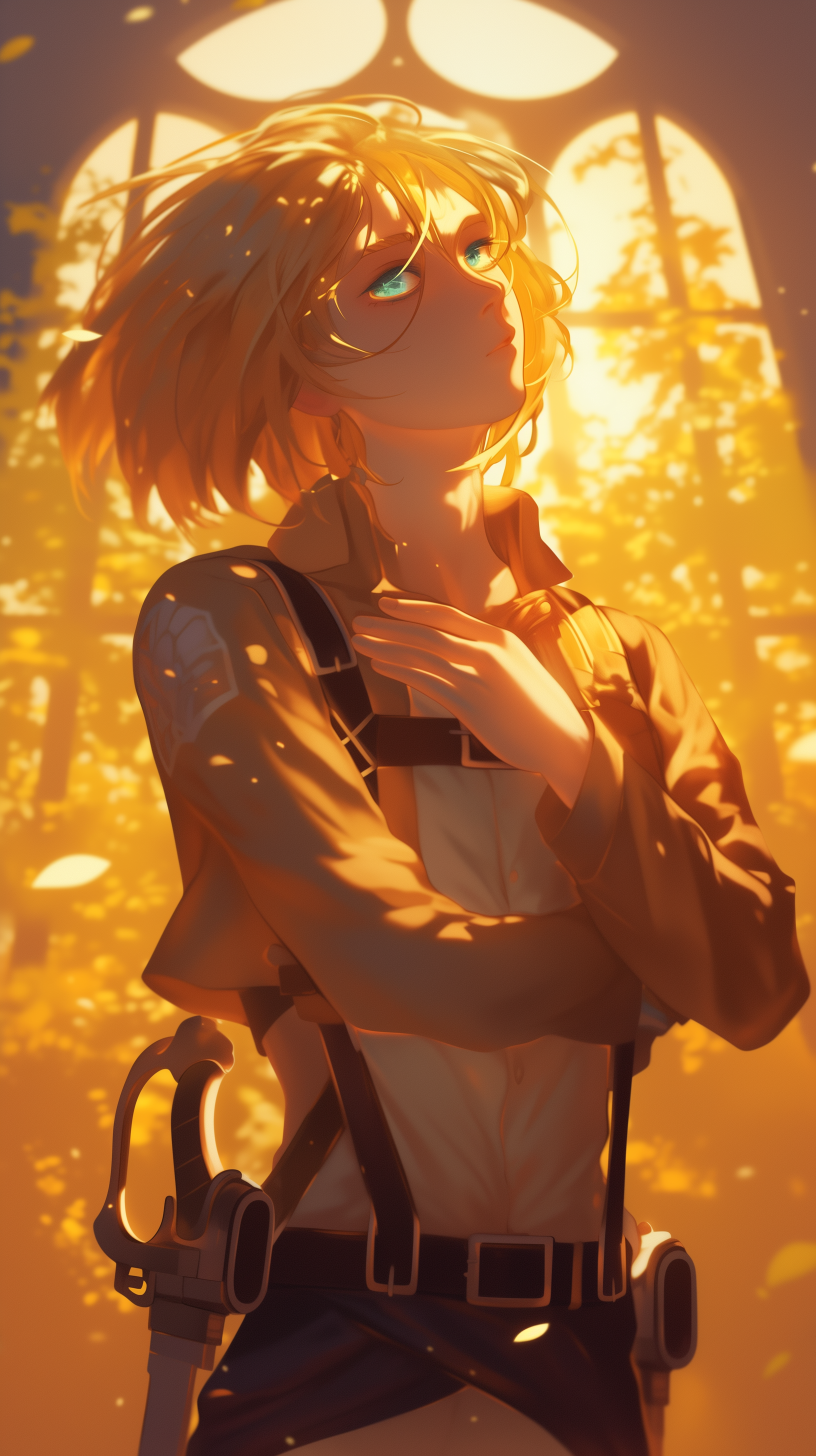 Anime-style phone wallpaper of Attack on Titan character Armin Arlert, bathed in golden light from a window, with a contemplative expression and trees visible in the background.