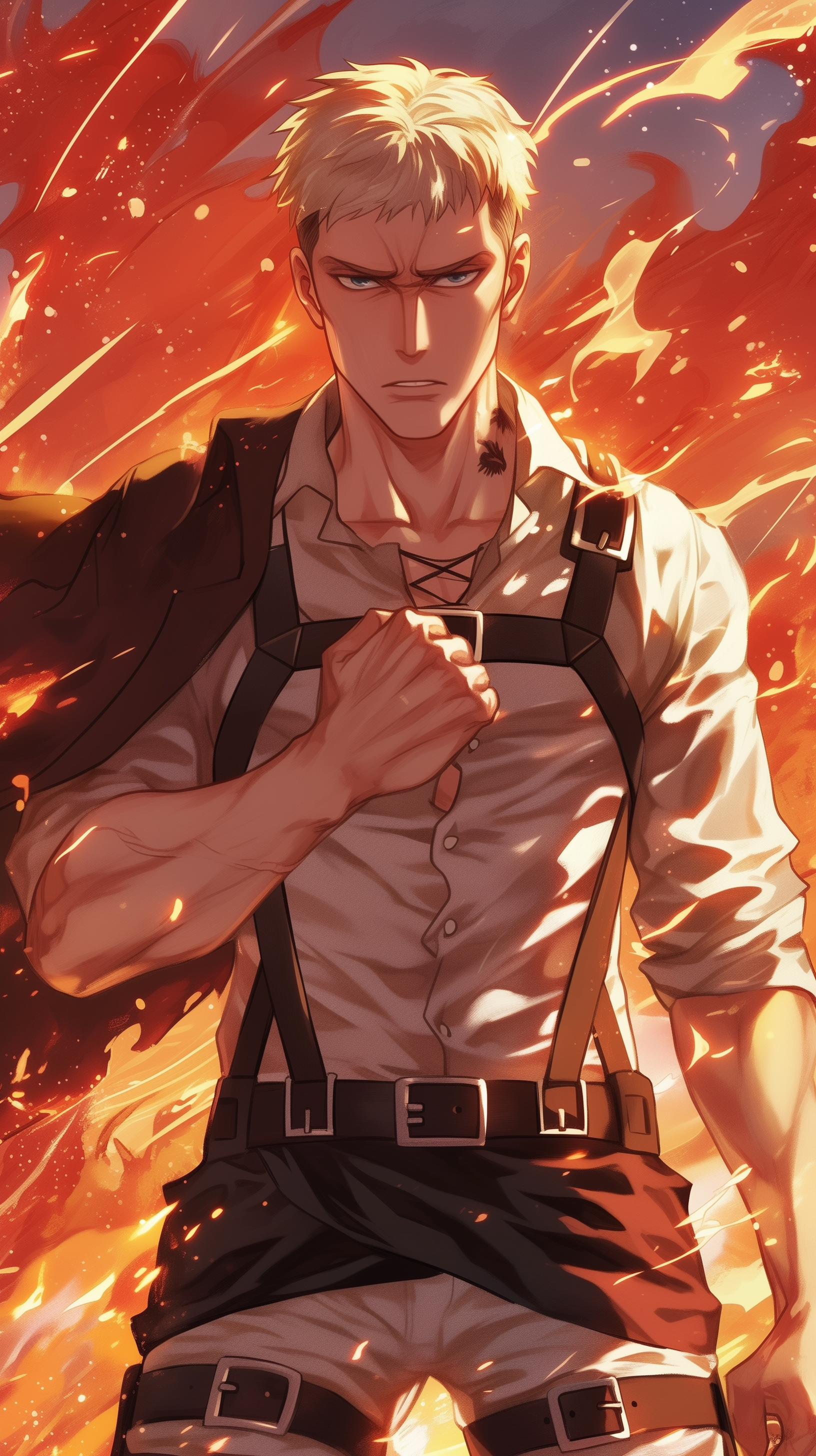 Anime-themed phone wallpaper featuring Reiner Braun from Attack on Titan, standing determinedly against a fiery background.