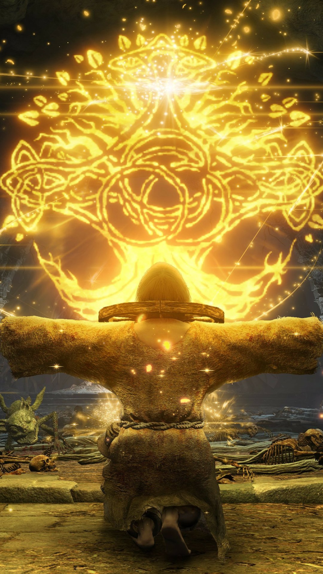 Phone wallpaper featuring a character from Elden Ring bowing before a radiant, golden mystical symbol. Tagged: video game, Elden Ring, Elden Ring Shadow of the Erdtree.