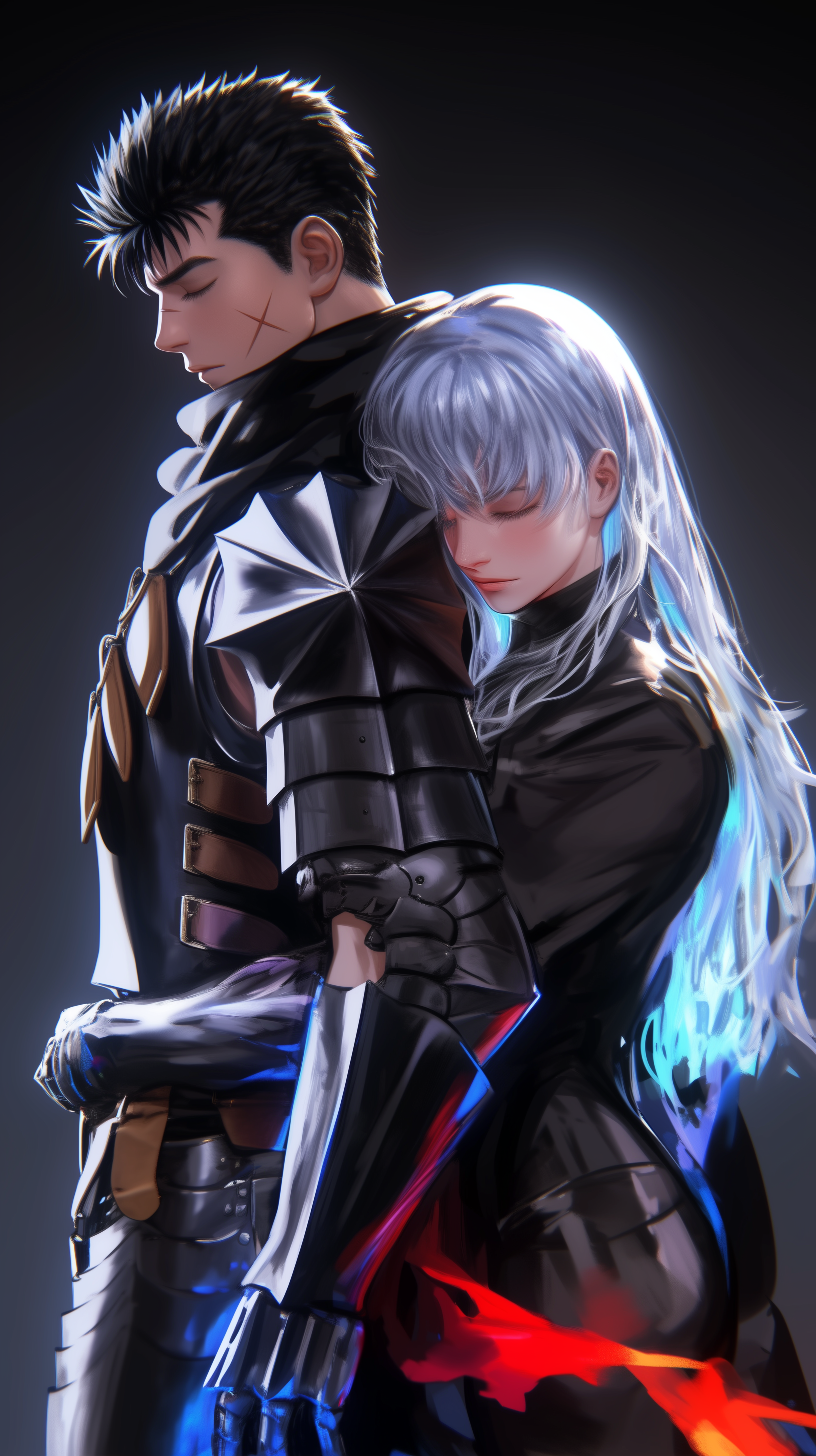 Anime wallpaper featuring Guts and Griffith from Berserk, depicting a somber and intense moment. Guts is clad in his signature armor, while Griffith embraces him from behind, both displaying deep emotion.