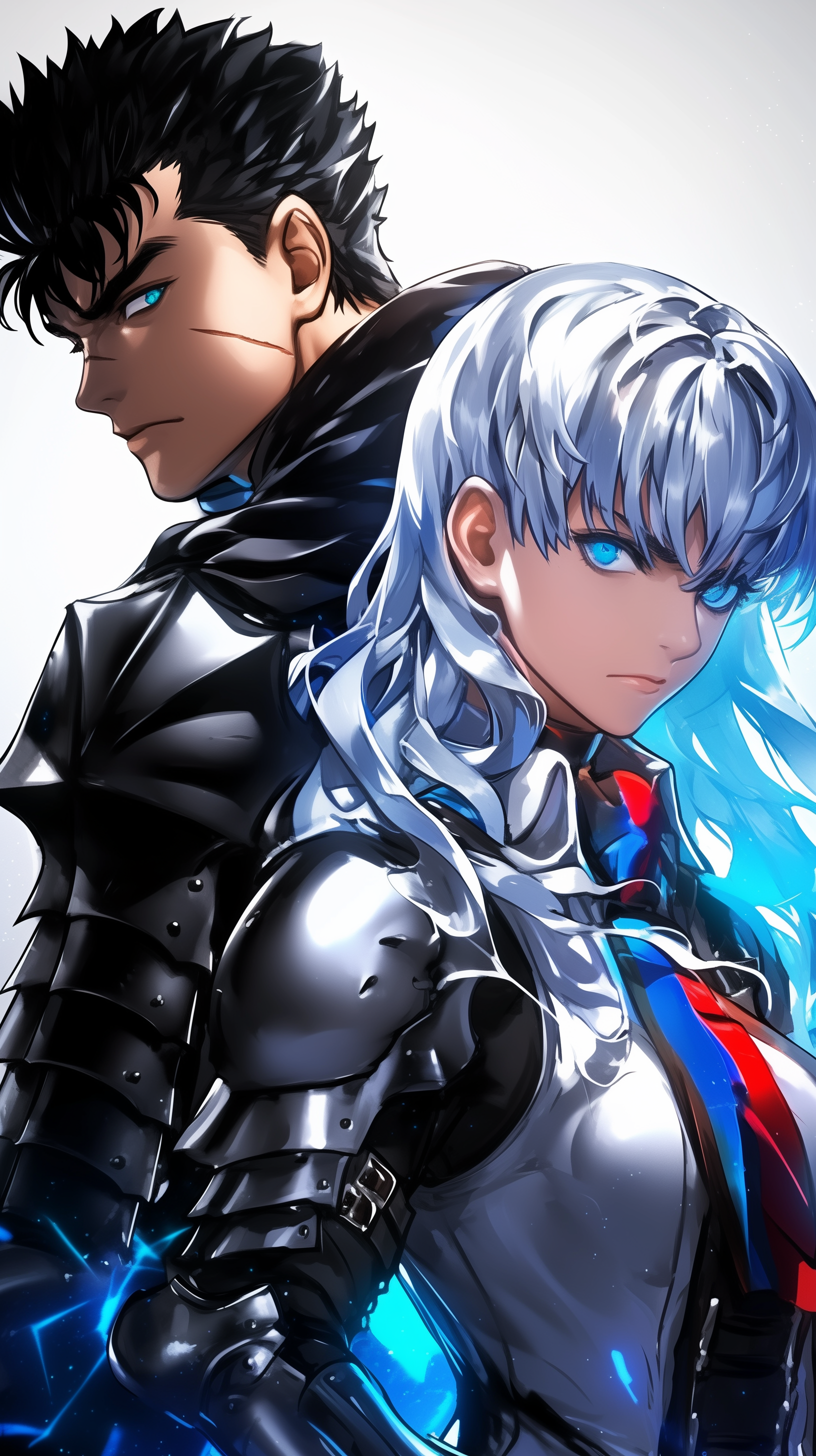 Anime wallpaper featuring Guts and Griffith from Berserk, depicted in striking, detailed armor, standing back-to-back with intense expressions.