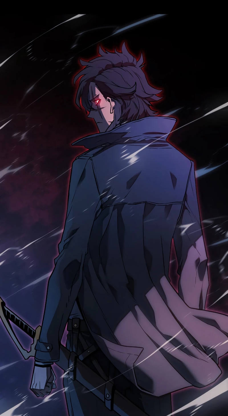 Phone wallpaper featuring Vikir Van Baskerville from the manhwa Revenge of the Iron-Blooded Sword Hound, shown from the back with a sword in hand against a dark, stormy background.