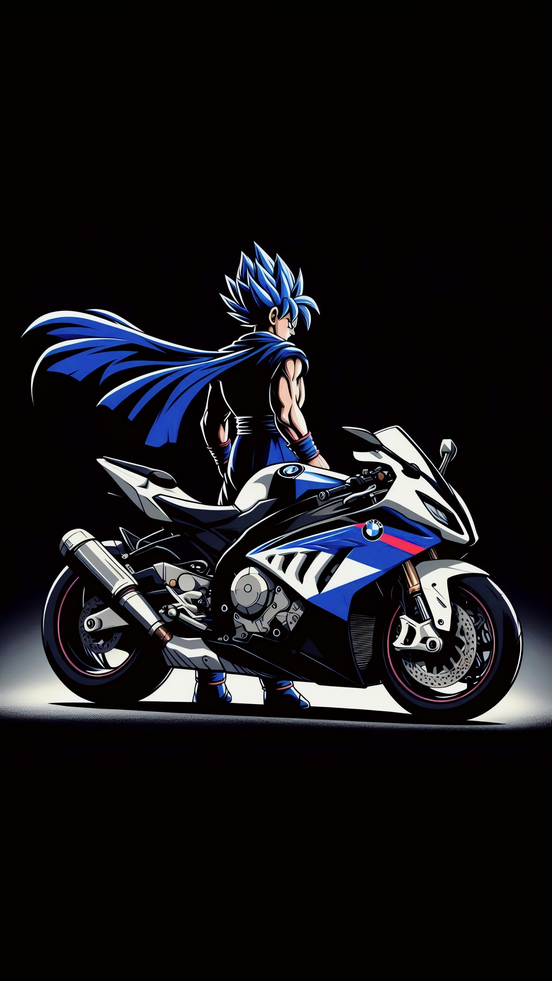 Goku posing next to a BMW S1000RR . Goku's rocking blue hair and a cape by sabert009