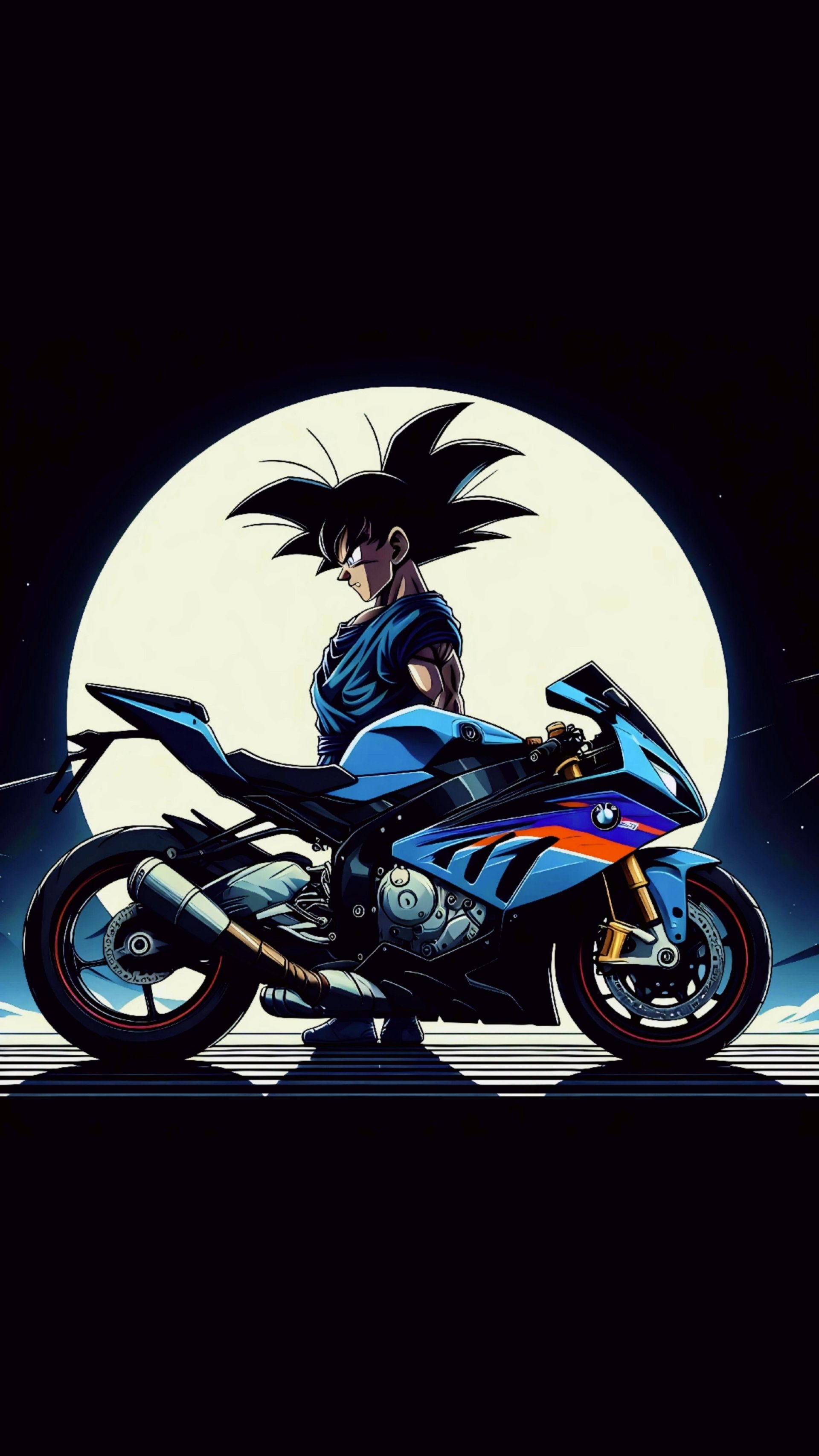 Goku standing near a BMW S1000RR in front of a moon , blue black background by sabert009