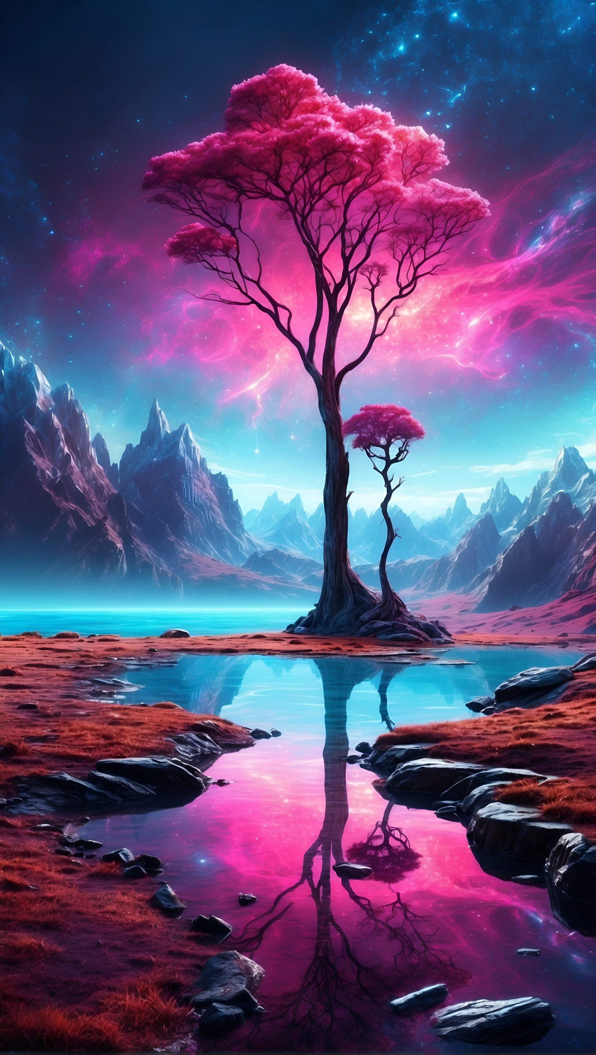 Anime art phone wallpaper depicting glowing pink trees by a reflective water body with surreal mountains and a starry sky, designed for both iPhone and Android displays.