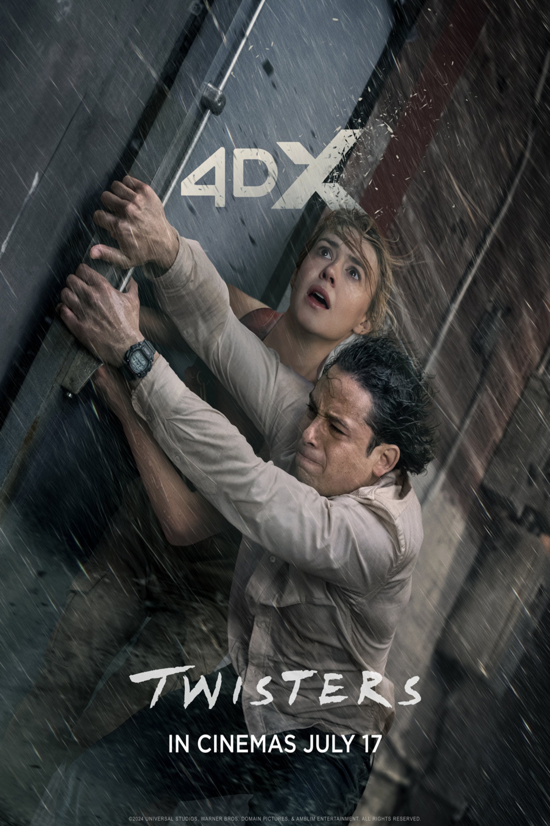 Phone wallpaper featuring two people grasping a door in a storm, advertising the movie Twisters with a release date of July 17. The text 4DX is seen at the top-center.