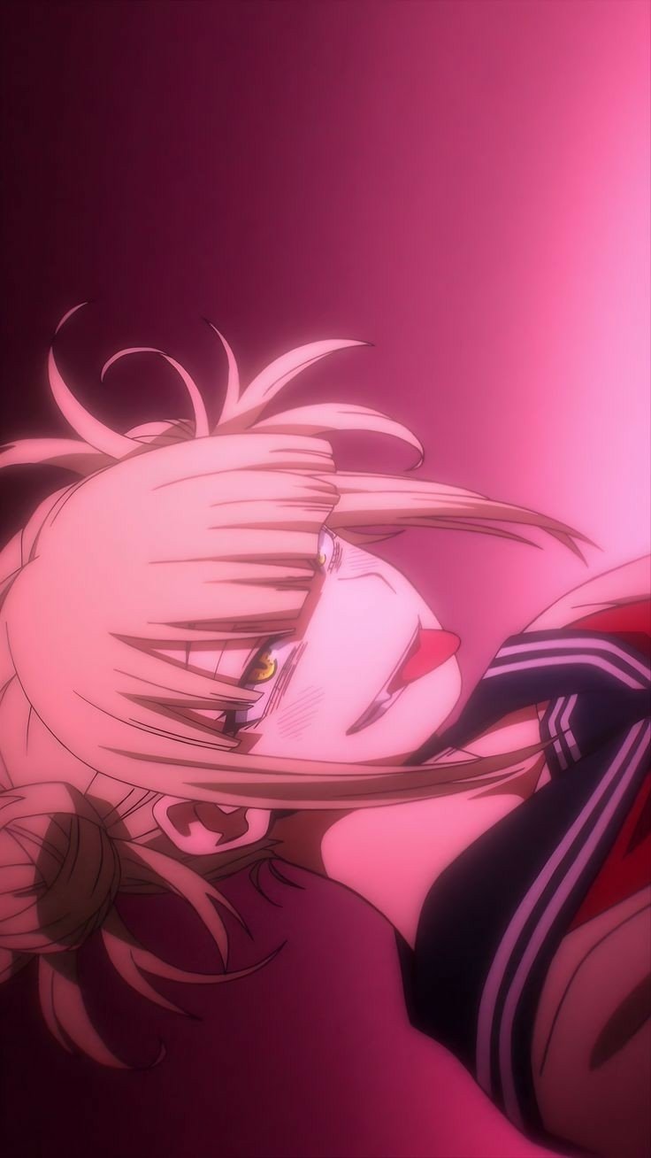 Phone wallpaper featuring Himiko Toga from My Hero Academia with vibrant pink lighting on an iPhone and Android-compatible design.
