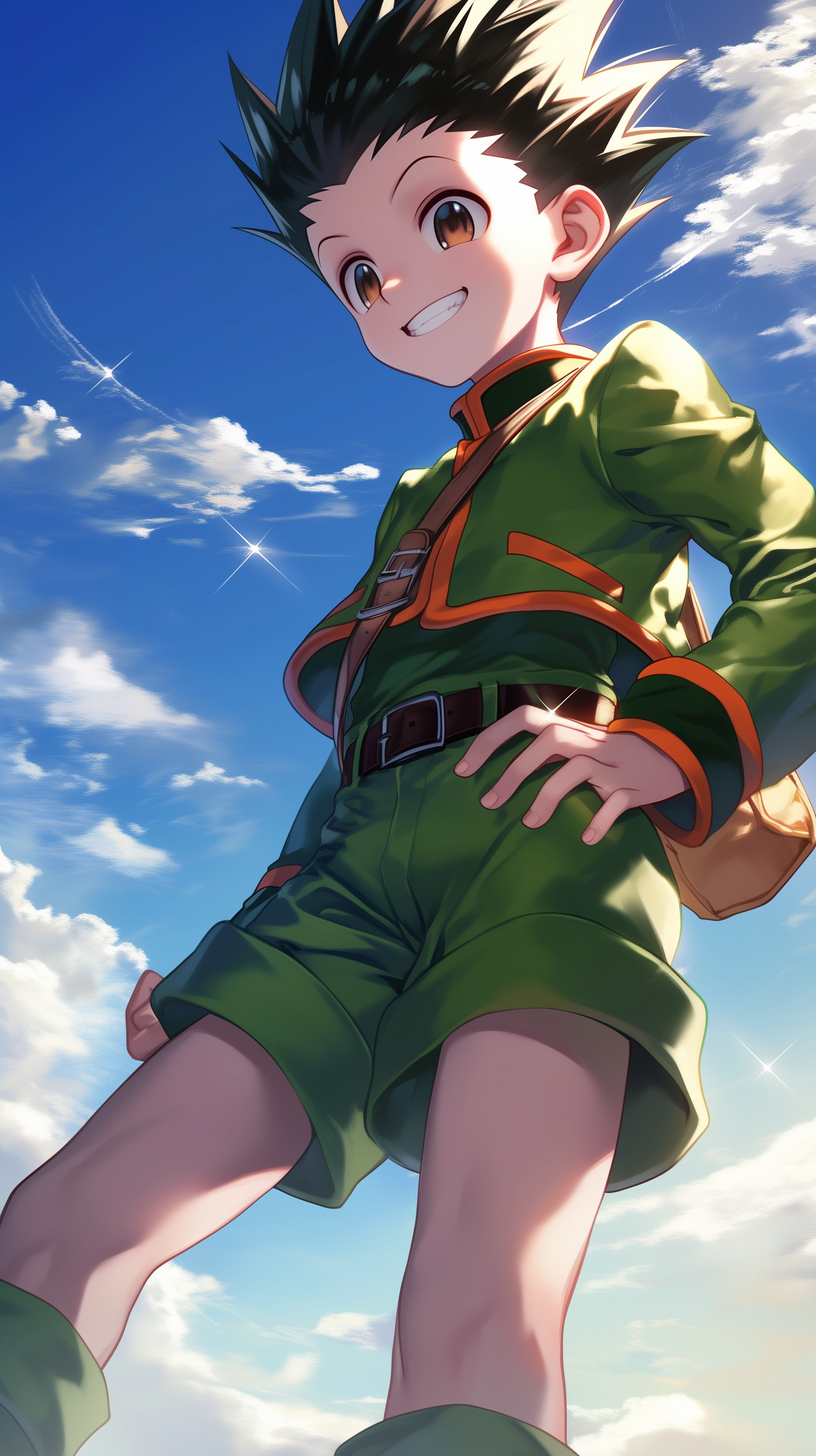 Phone wallpaper featuring Gon Freecss from the anime Hunter x Hunter, standing confidently under a bright, blue sky.