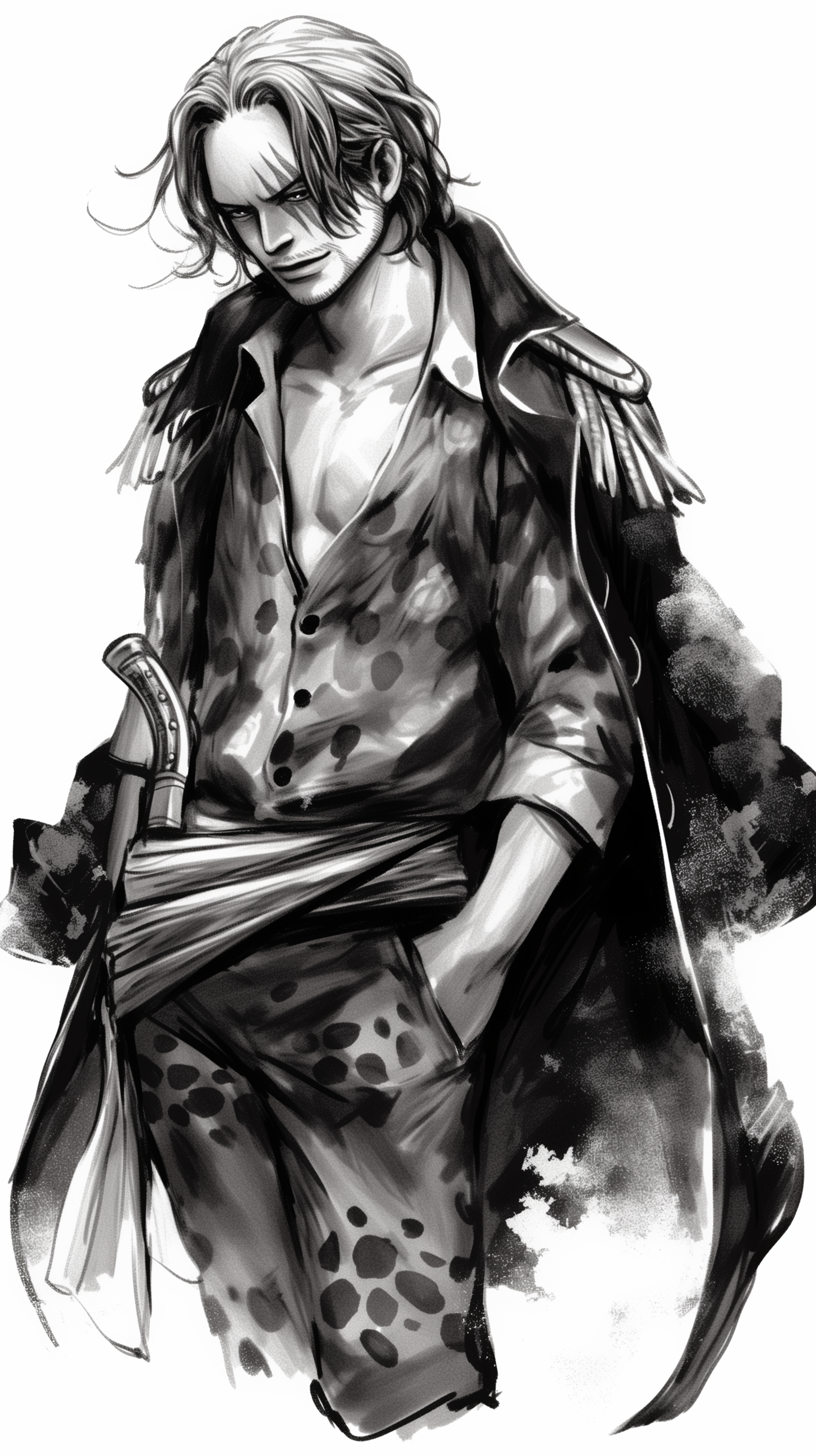 Monochrome phone wallpaper featuring Shanks from the anime and manga series One Piece. Shanks stands confidently with one hand in his pocket, wearing a long coat and patterned pants.