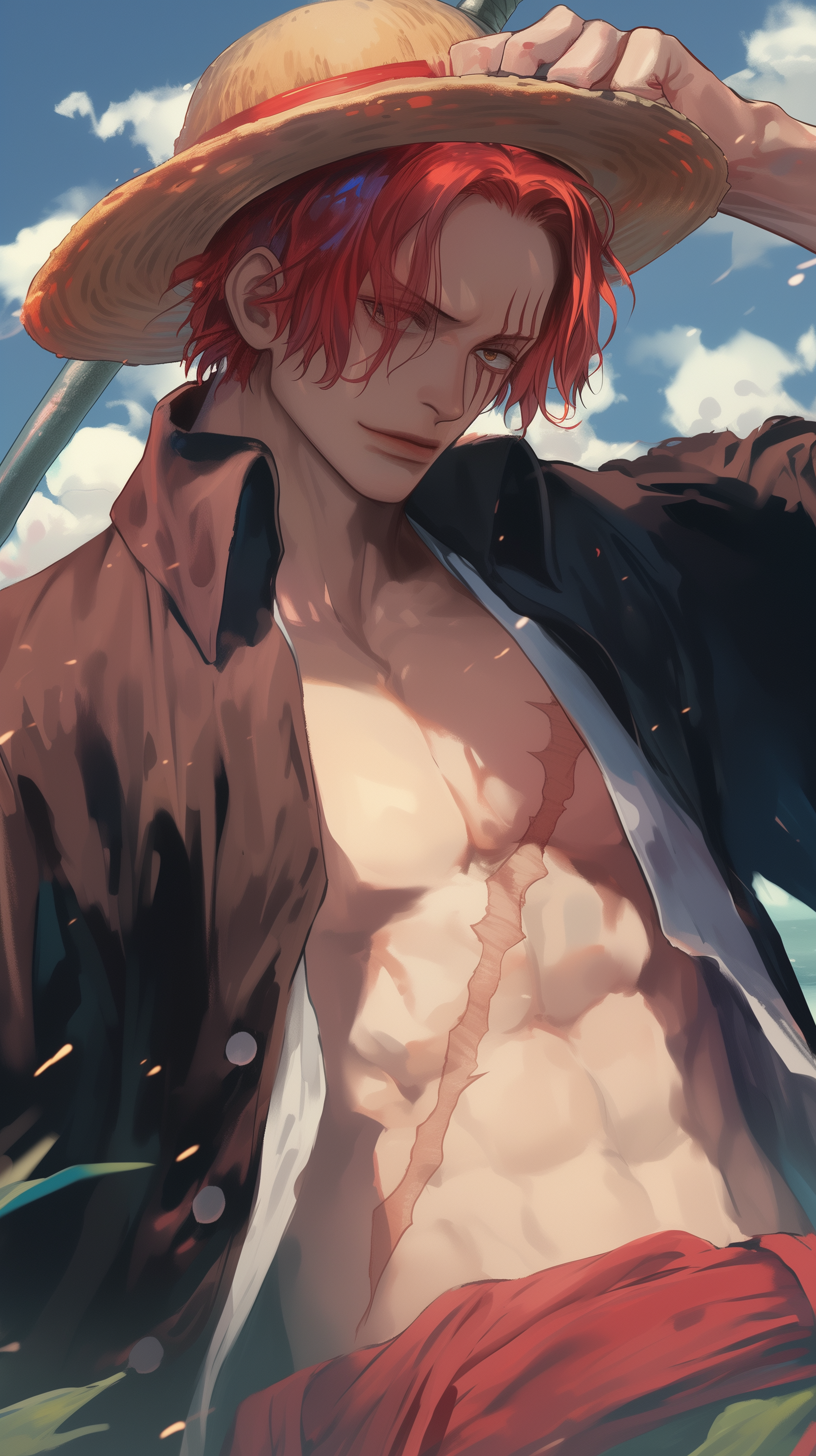 Anime wallpaper featuring Shanks from One Piece, showing a detailed and dramatic portrait of him with a straw hat and open shirt, displaying his scarred chest.