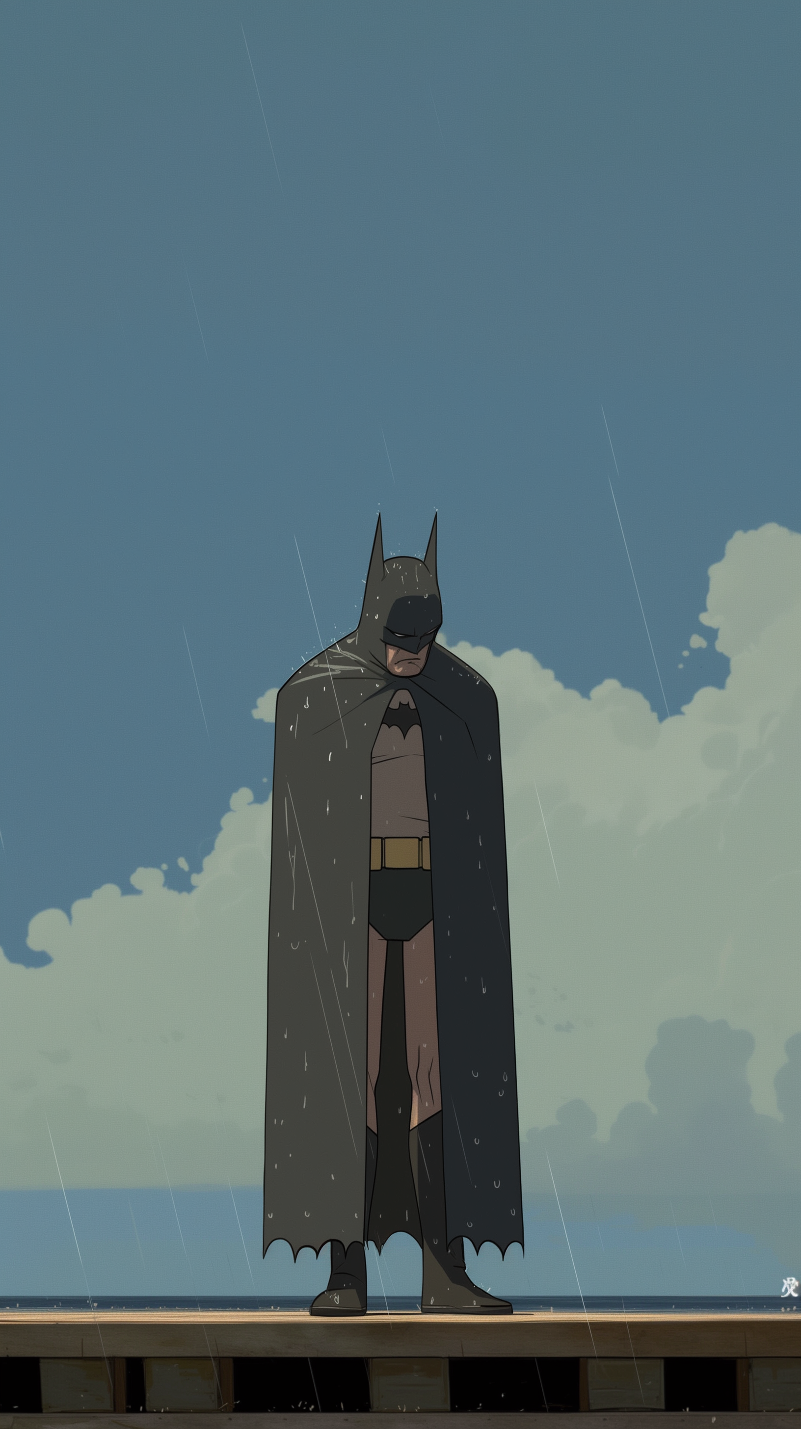 Cartoon image of Batman standing in the rain looking sad, designed as a phone wallpaper.