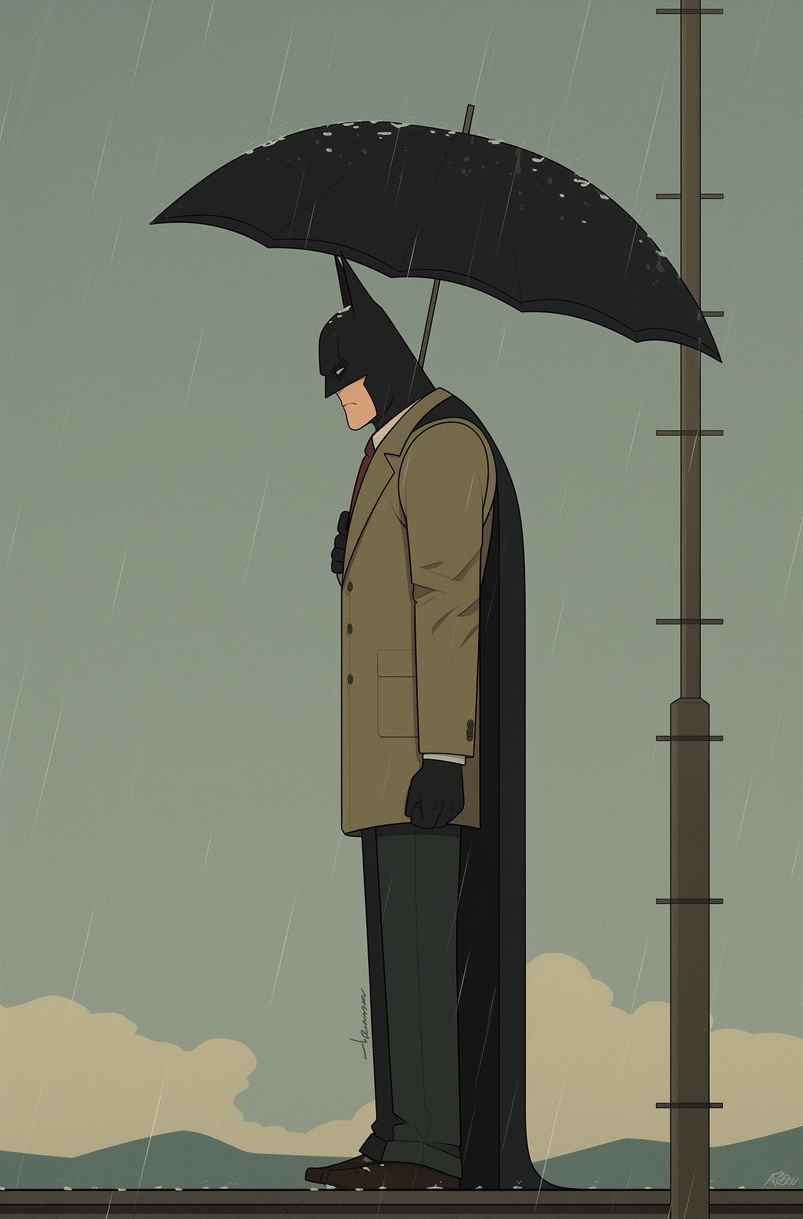 Phone wallpaper of Batman standing in the rain, holding an umbrella.