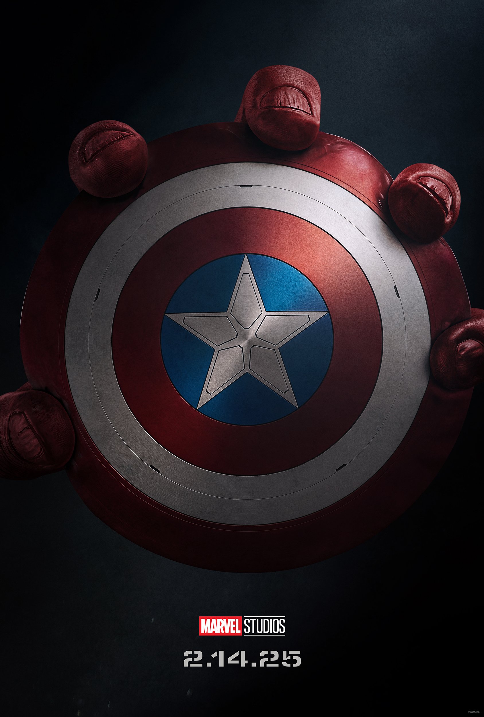 Phone wallpaper featuring Captain America's shield from the movie Captain America: Brave New World. The release date 2.14.25 and Marvel Studios logo are displayed at the bottom.