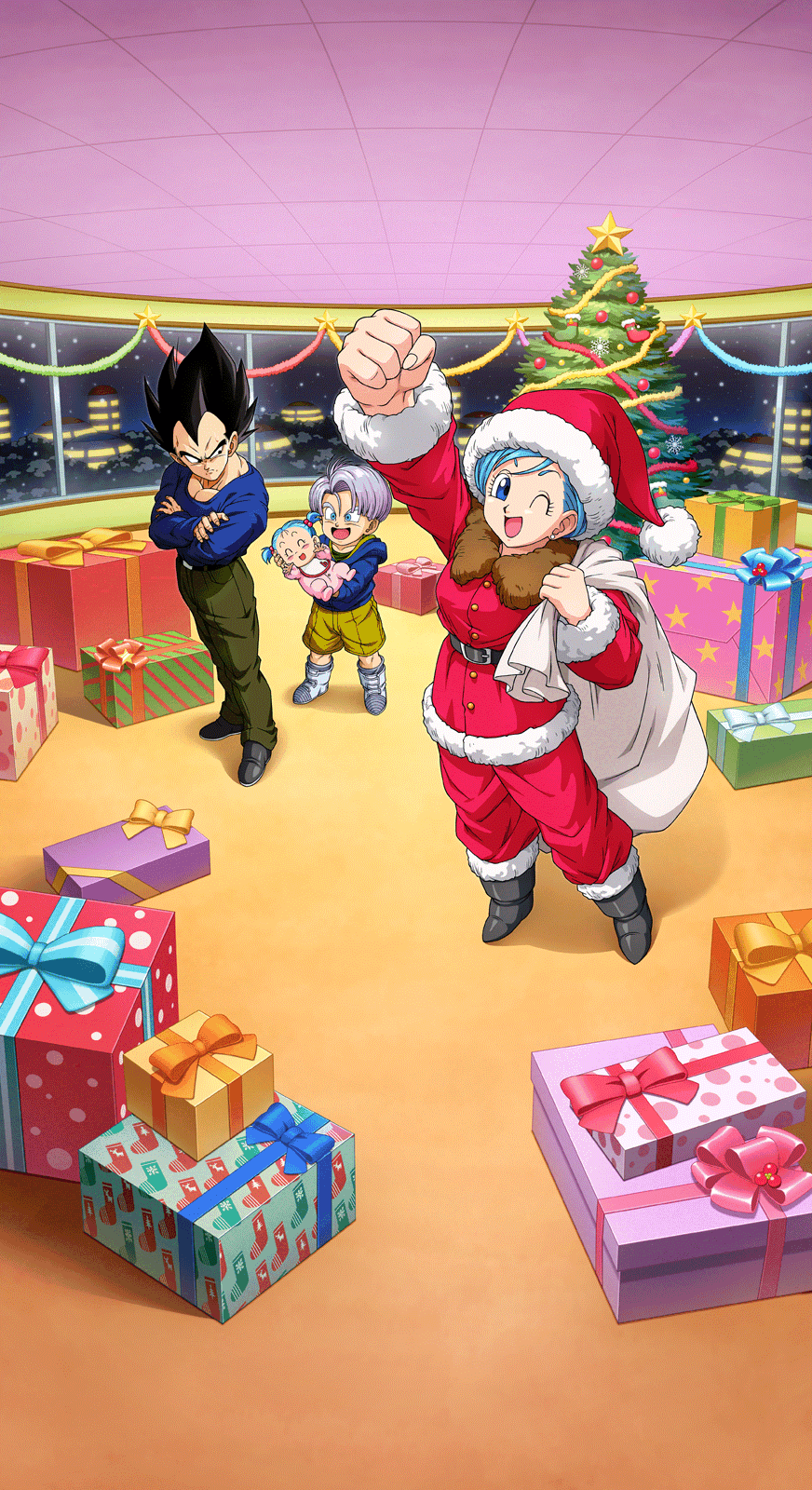 A vibrant phone wallpaper featuring characters from Dragon Ball Z Dokkan Battle: Vegeta, Trunks, and Bulma, showcasing their dynamic presence and iconic styles.
