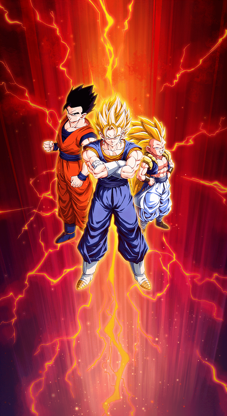 A vibrant phone wallpaper featuring Gotenks and Vegito from Dragon Ball Z Dokkan Battle, showcasing their Super Saiyan forms in an action-packed design.